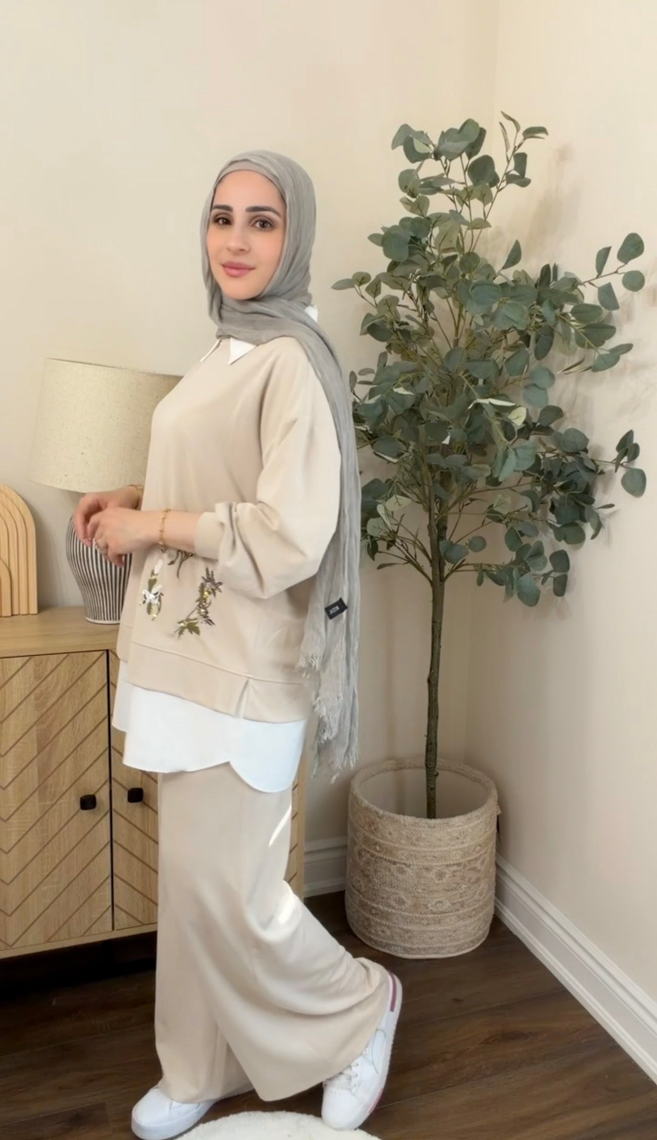 Oysho Soft 3-Piece Embroidered Modest Set - Beige