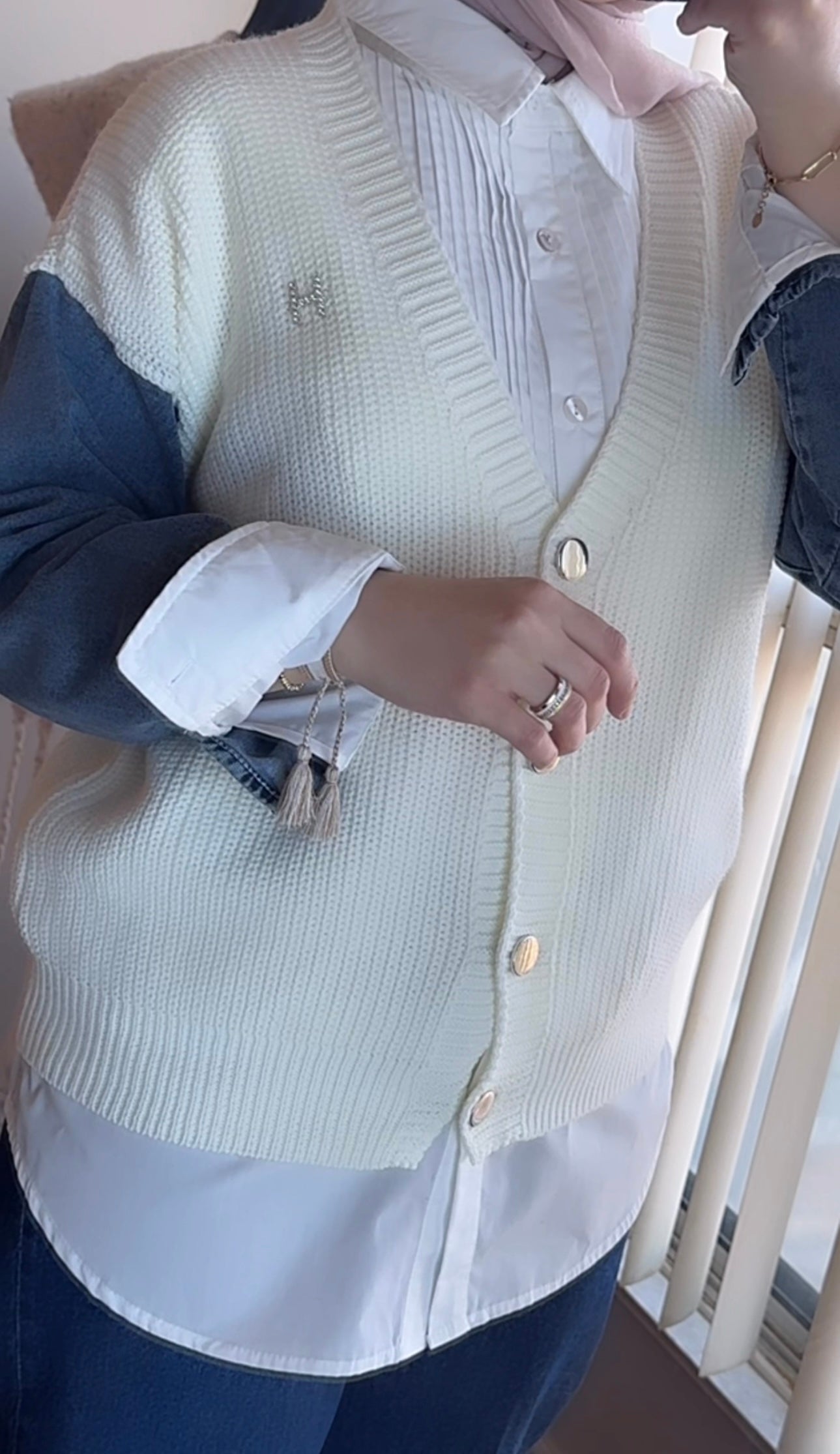 Knitted Cardigan with Denim Sleeve - White image 2