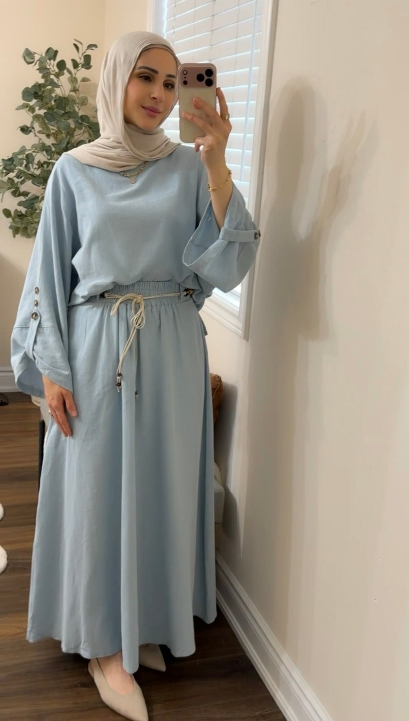 Sky Blue Linen Skirt Set with Braided Rope Belt