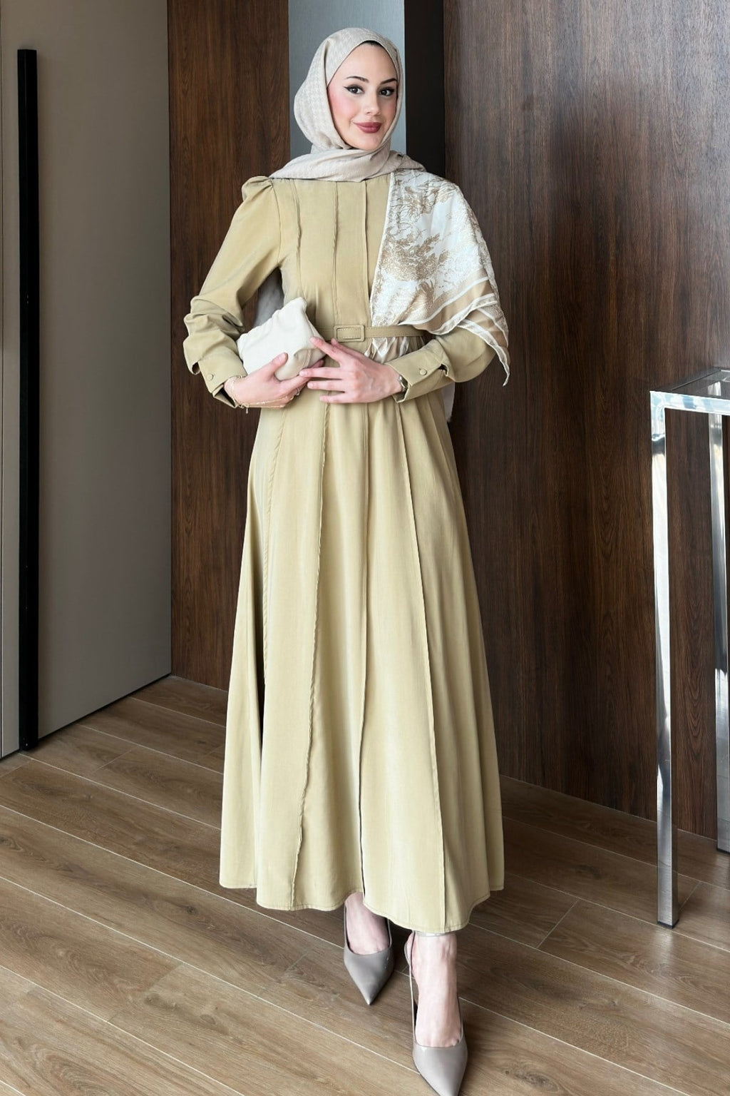 The Husna Embossed Maxi Dress with Scarf / Cumin