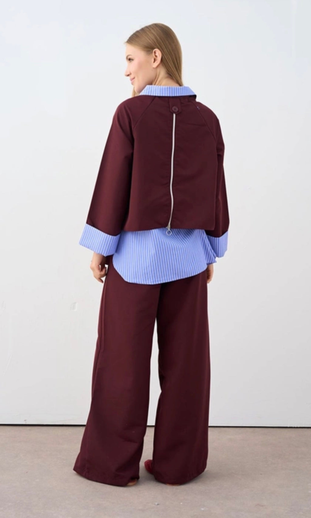 Layered Zip-Back Shirt & Wide-Leg Trousers Set | Plum