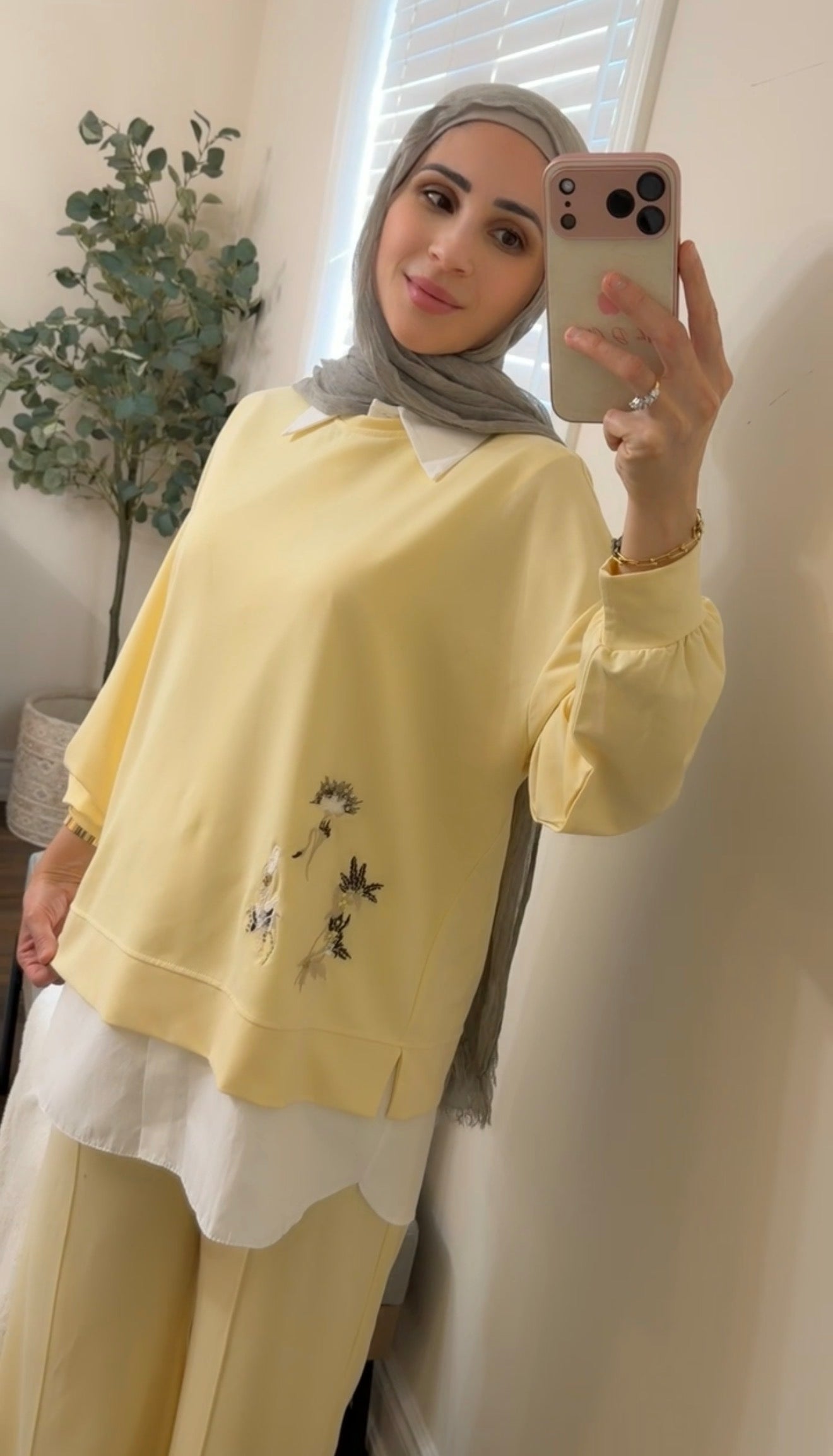 Oysho Soft 3-Piece Embroidered Modest Set - Butter Yellow