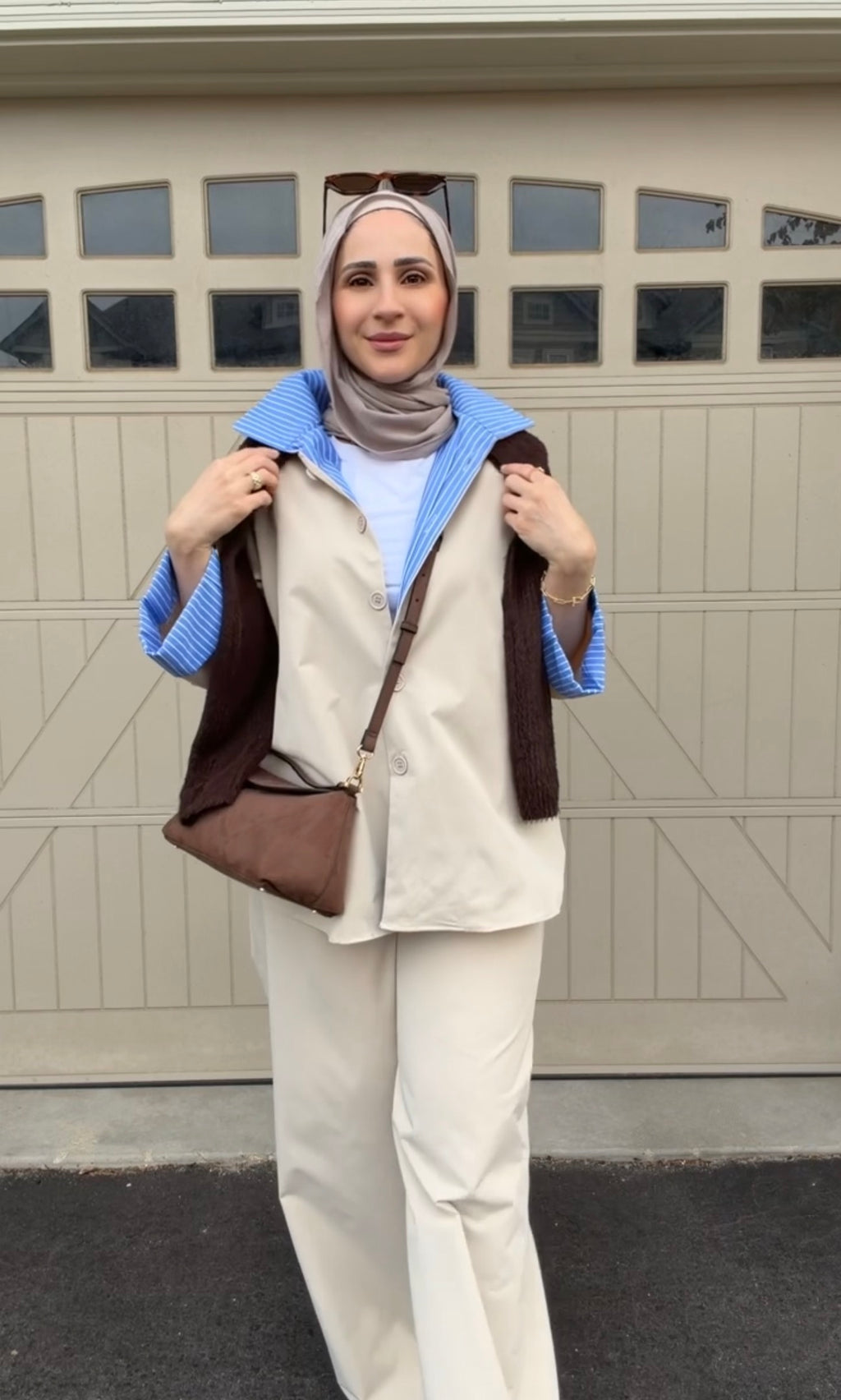 Layered Zip-Back Shirt & Wide-Leg Trousers Set | Beige