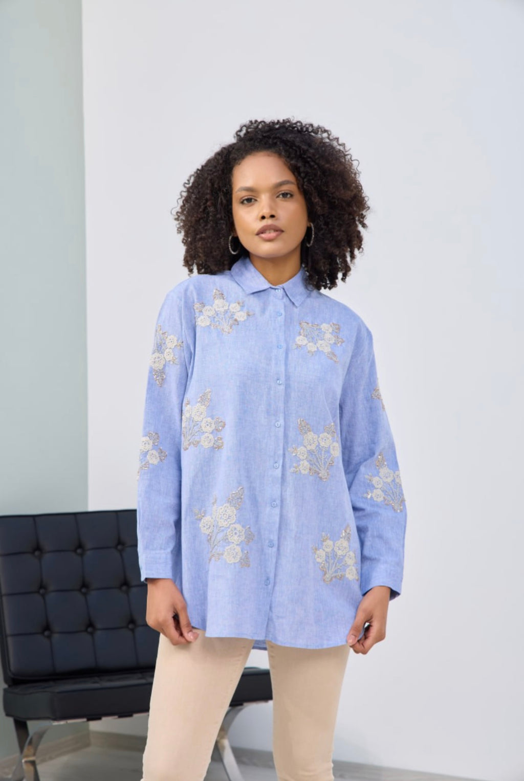 Blue Buttoned Shirt with Embroidry front & Back image 2