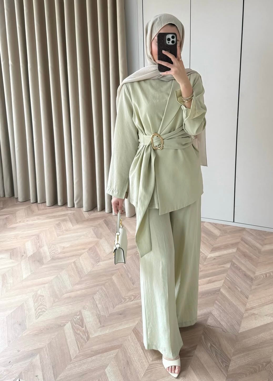 Elegant Front-Tie Aerobin Two-Piece Tunic Set – Sage Green