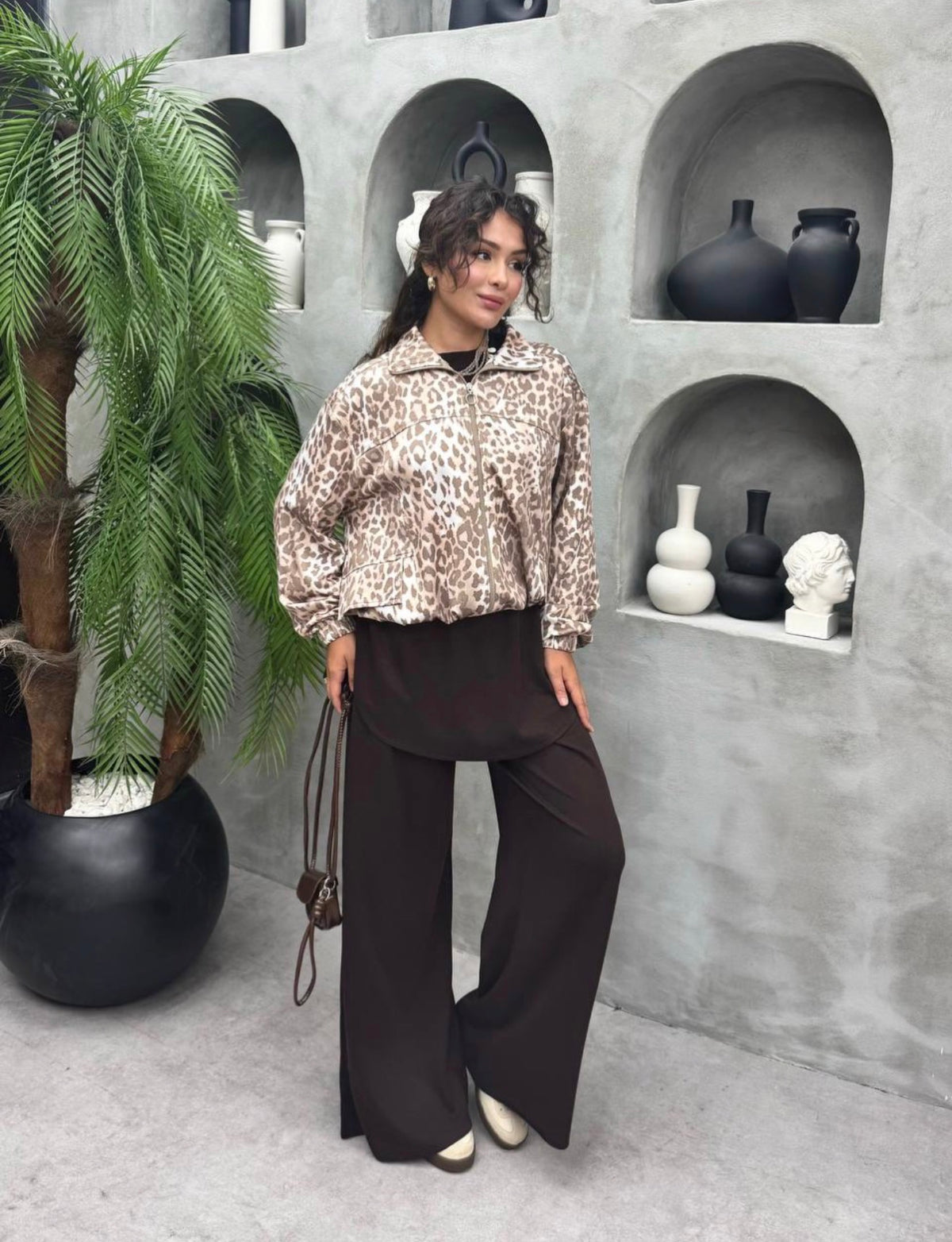 Leopard Accent 3-Piece Modest Lounge Set - Brown