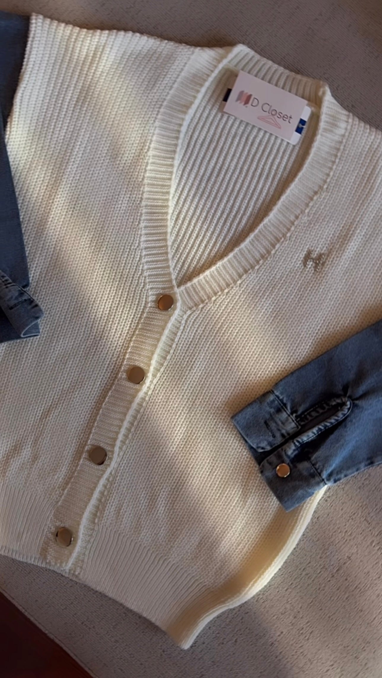 Knitted Cardigan with Denim Sleeve - White image 7