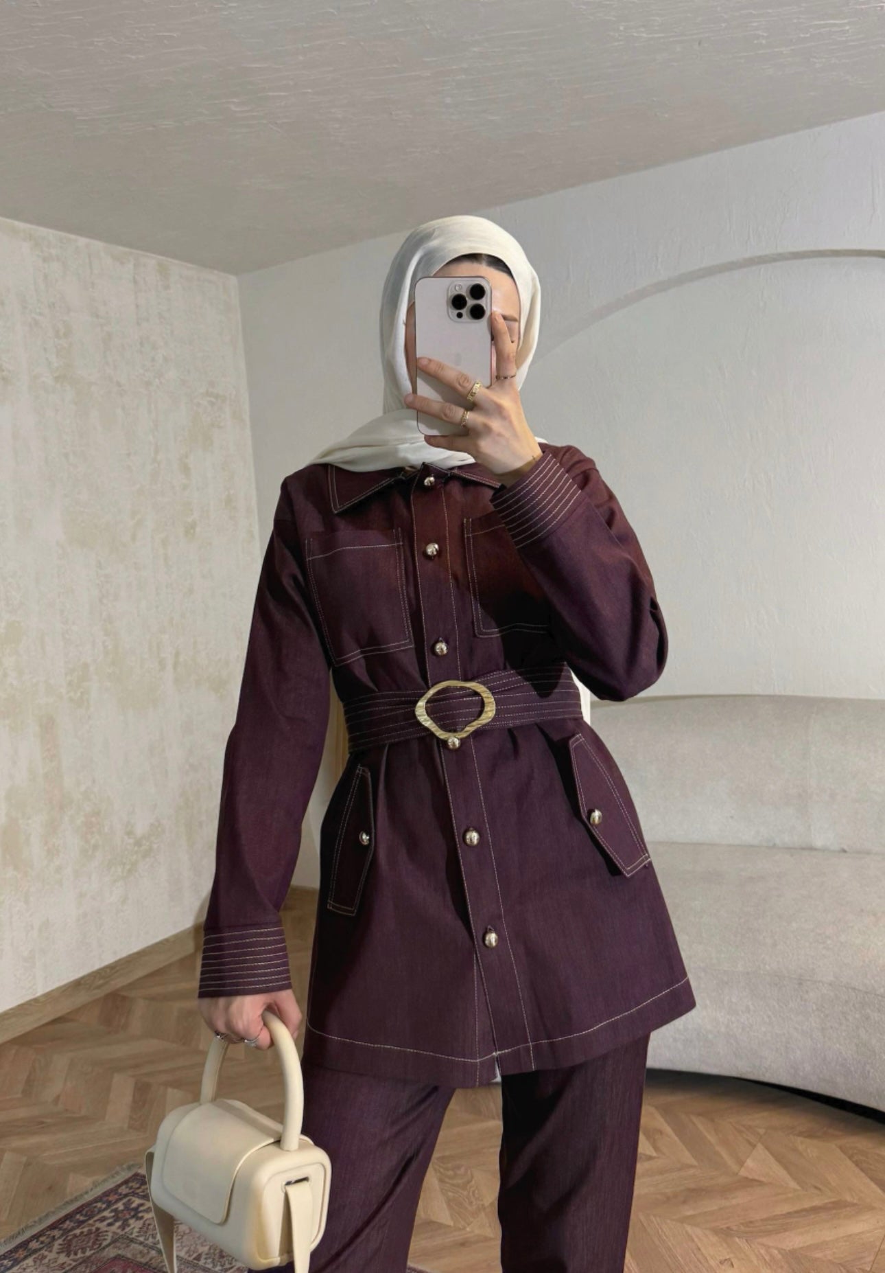 Classic Belted Denim Set – Burgundy image 3