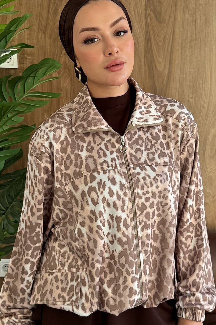 Leopard Accent 3-Piece Modest Lounge Set - Brown
