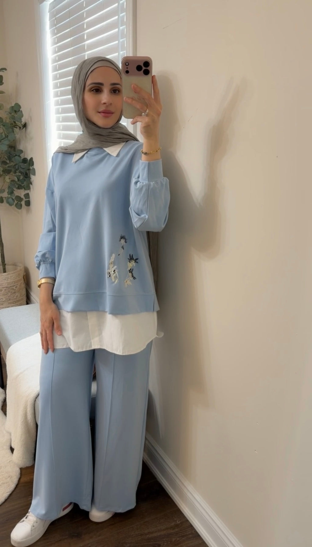 Oysho Soft 3-Piece Embroidered Modest Set - Baby Blue