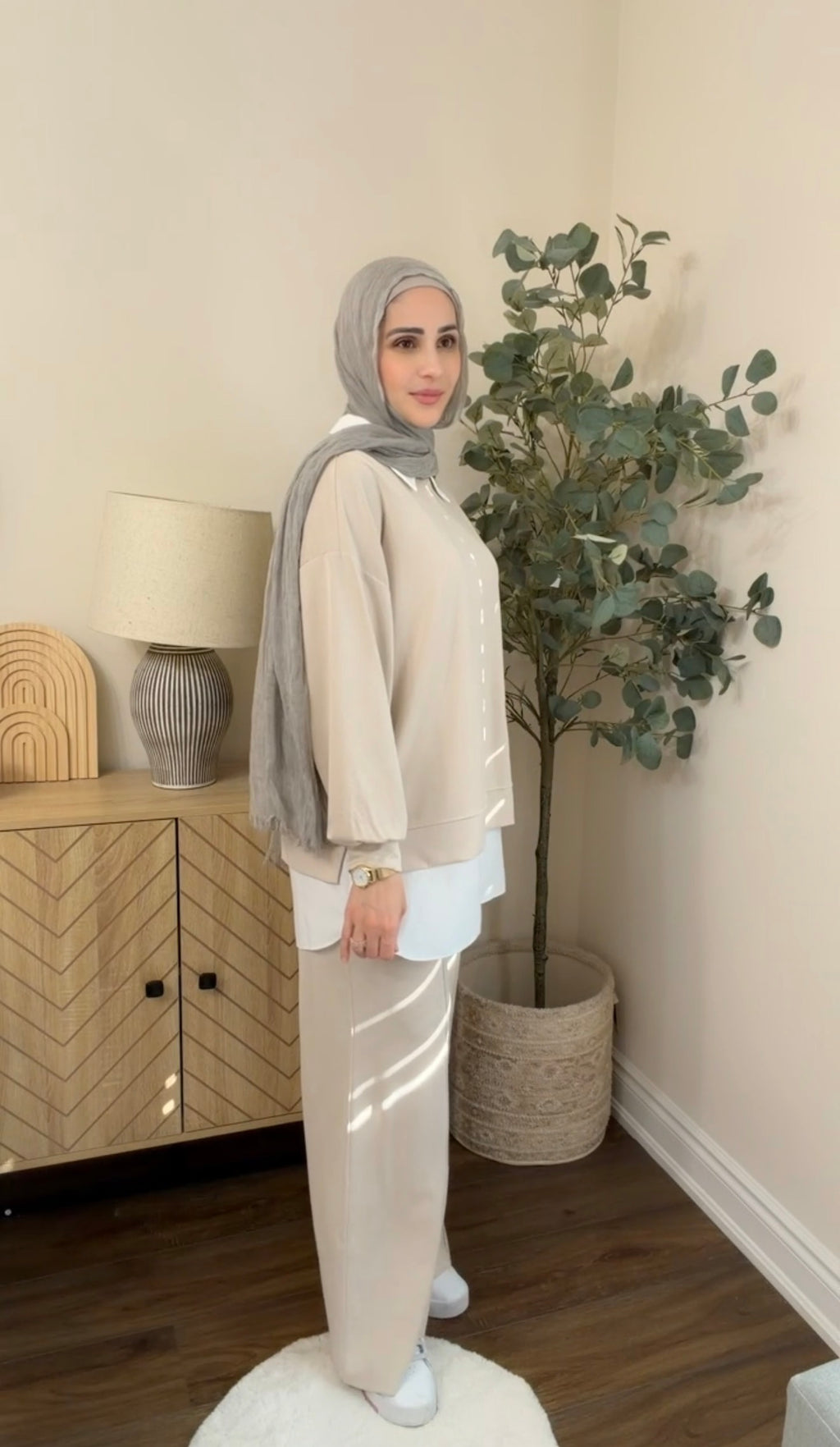 Oysho Soft 3-Piece Embroidered Modest Set - Beige