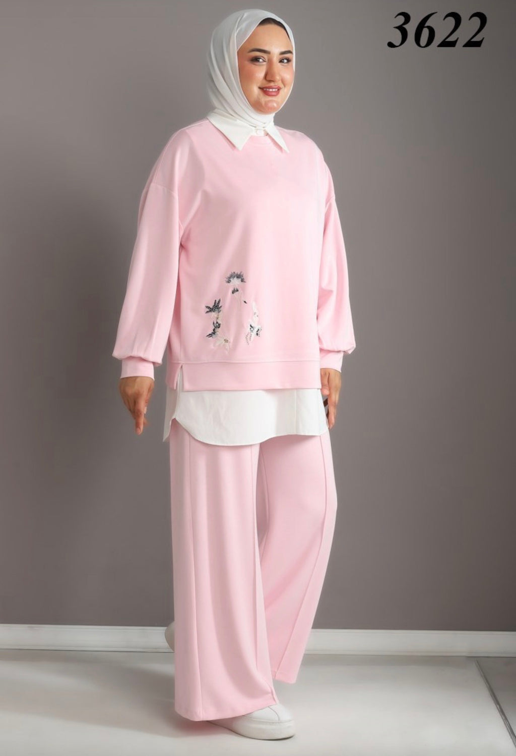 Oysho Soft 3-Piece Embroidered Modest Set - Pink