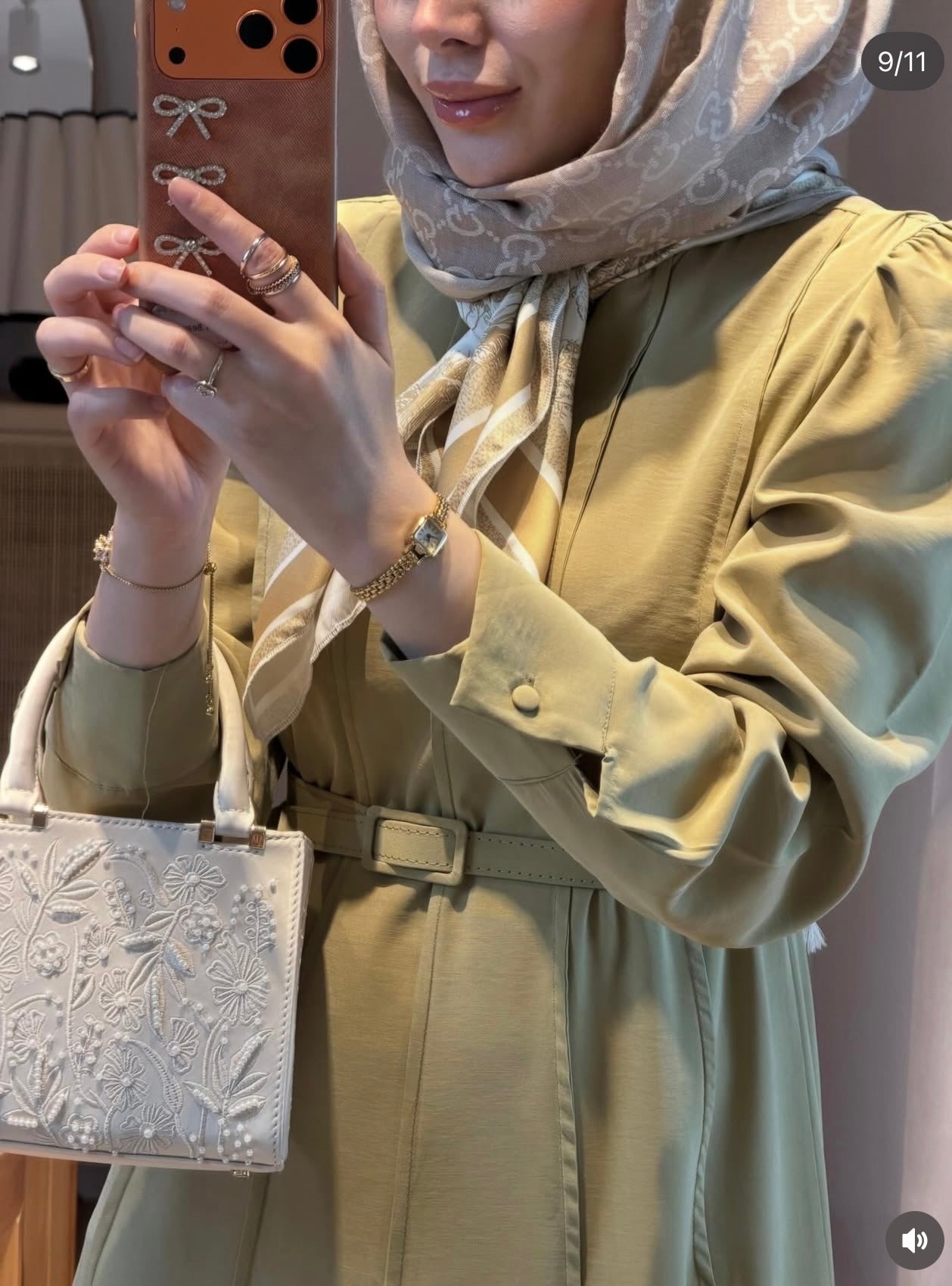 The Husna Embossed Maxi Dress with Scarf / Cumin