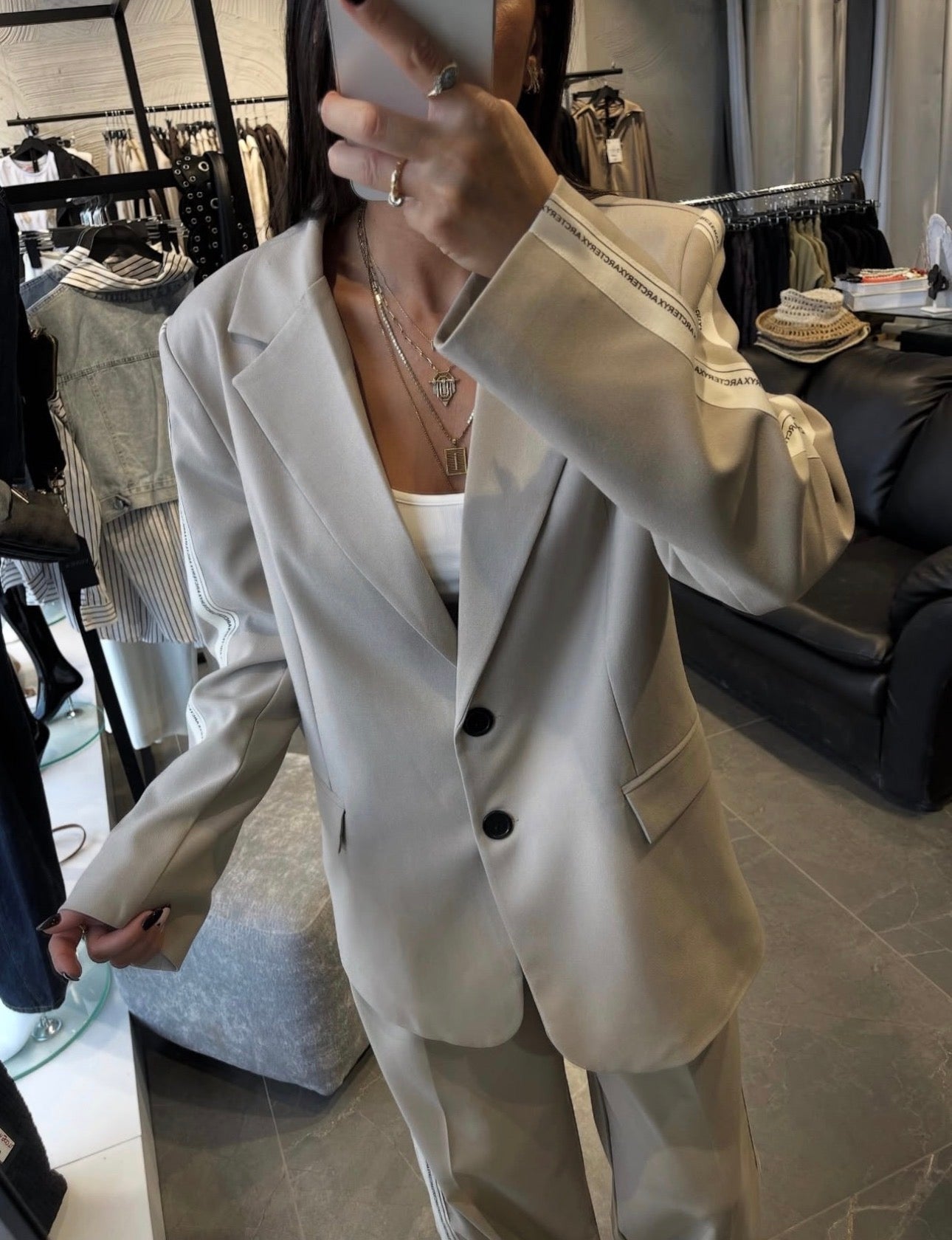2 -PIECE BEIGE STRIP DETAILED JACKET SET