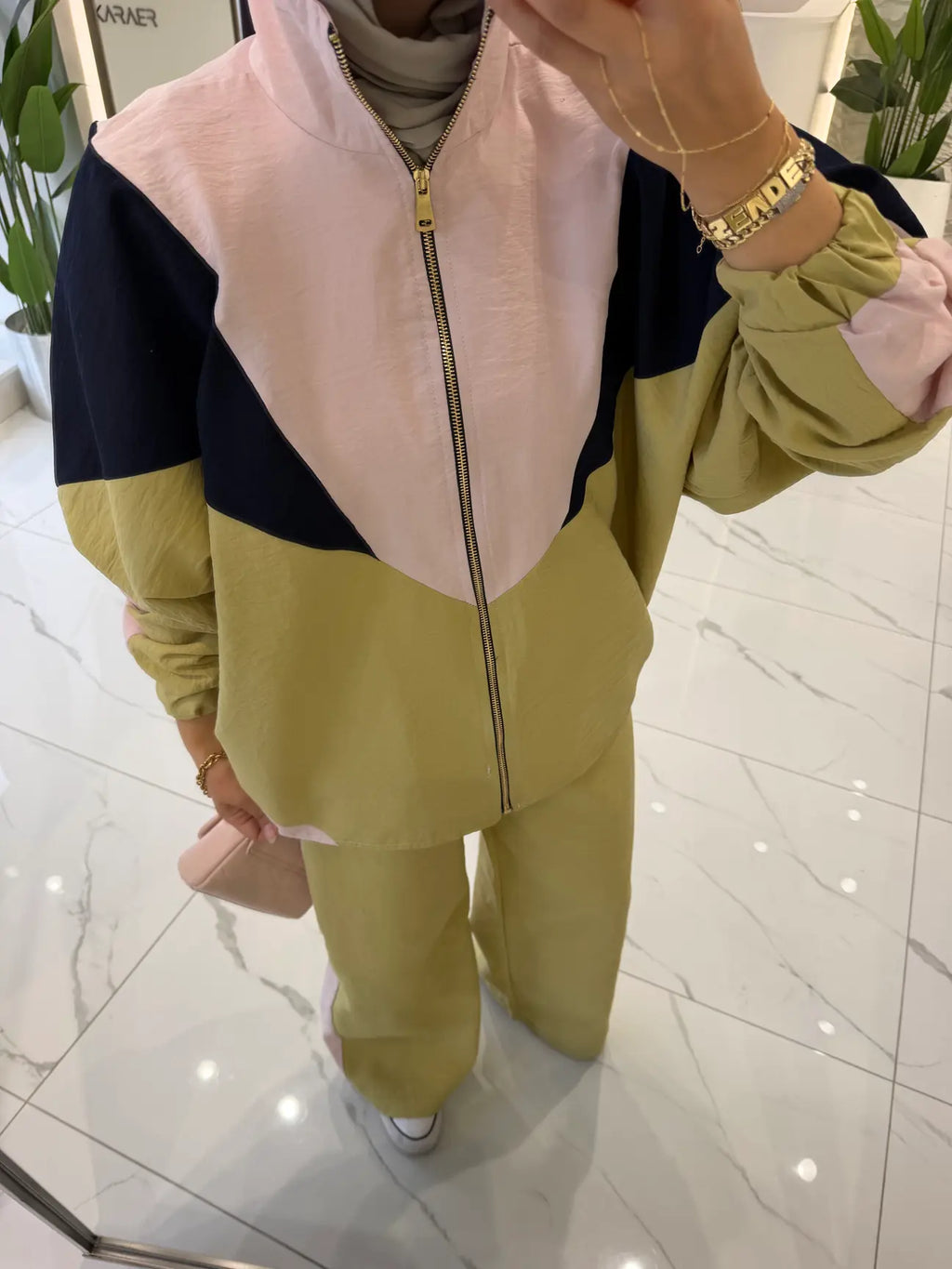 Pink Color-Block Casual Tracksuit Set