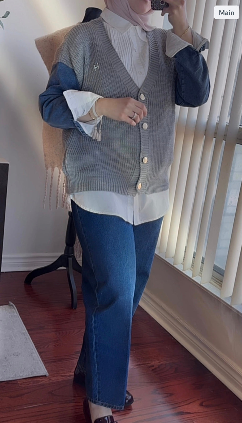 Knitted Cardigan with Denim Sleeve - Grey