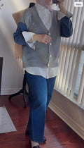 Knitted Cardigan with Denim Sleeve - Grey