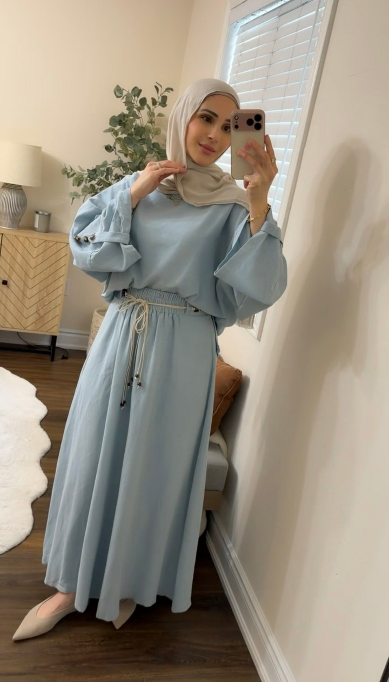 Sky Blue Linen Skirt Set with Braided Rope Belt