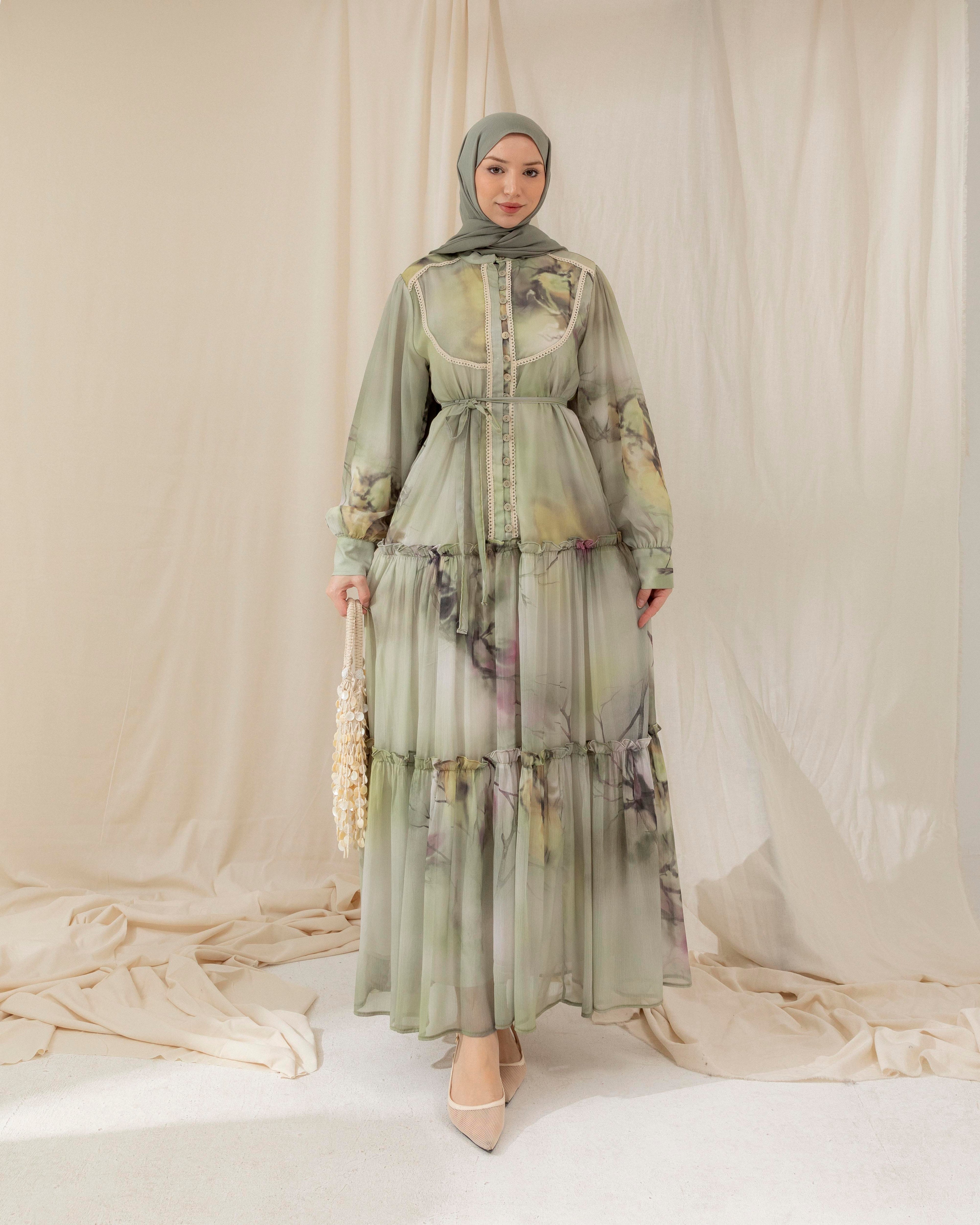 Eid Olive Mist Layered Dress