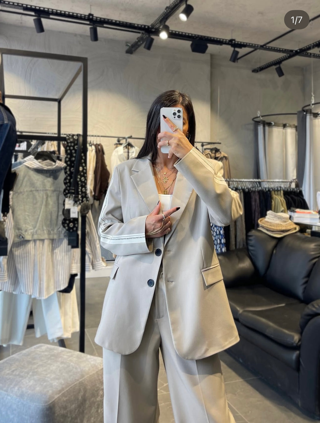 2 -PIECE BEIGE STRIP DETAILED JACKET SET image 5