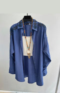 Embroidered Textured Oversized Shirt – Indigo Blue