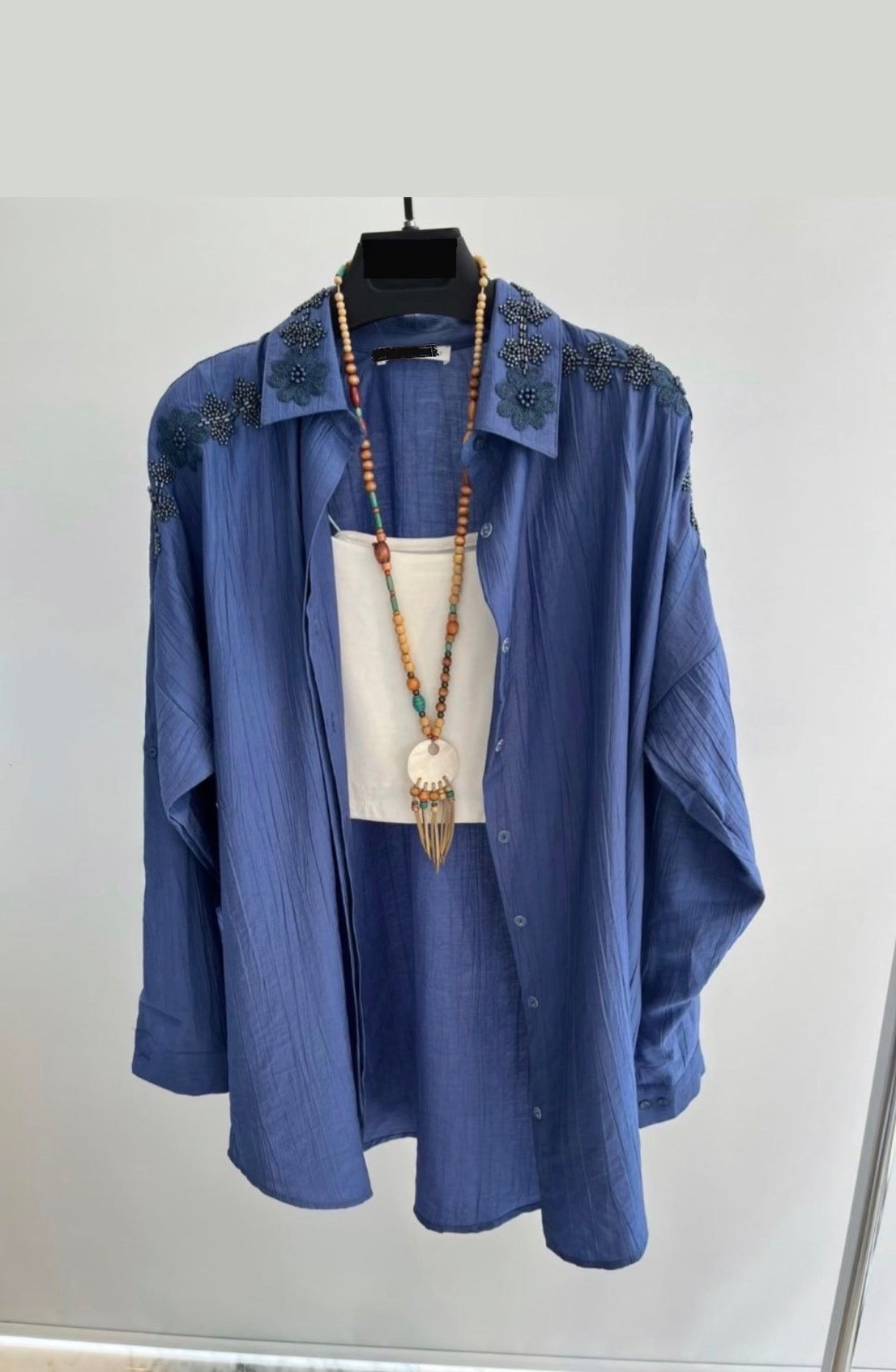 Embroidered Textured Oversized Shirt – Indigo Blue