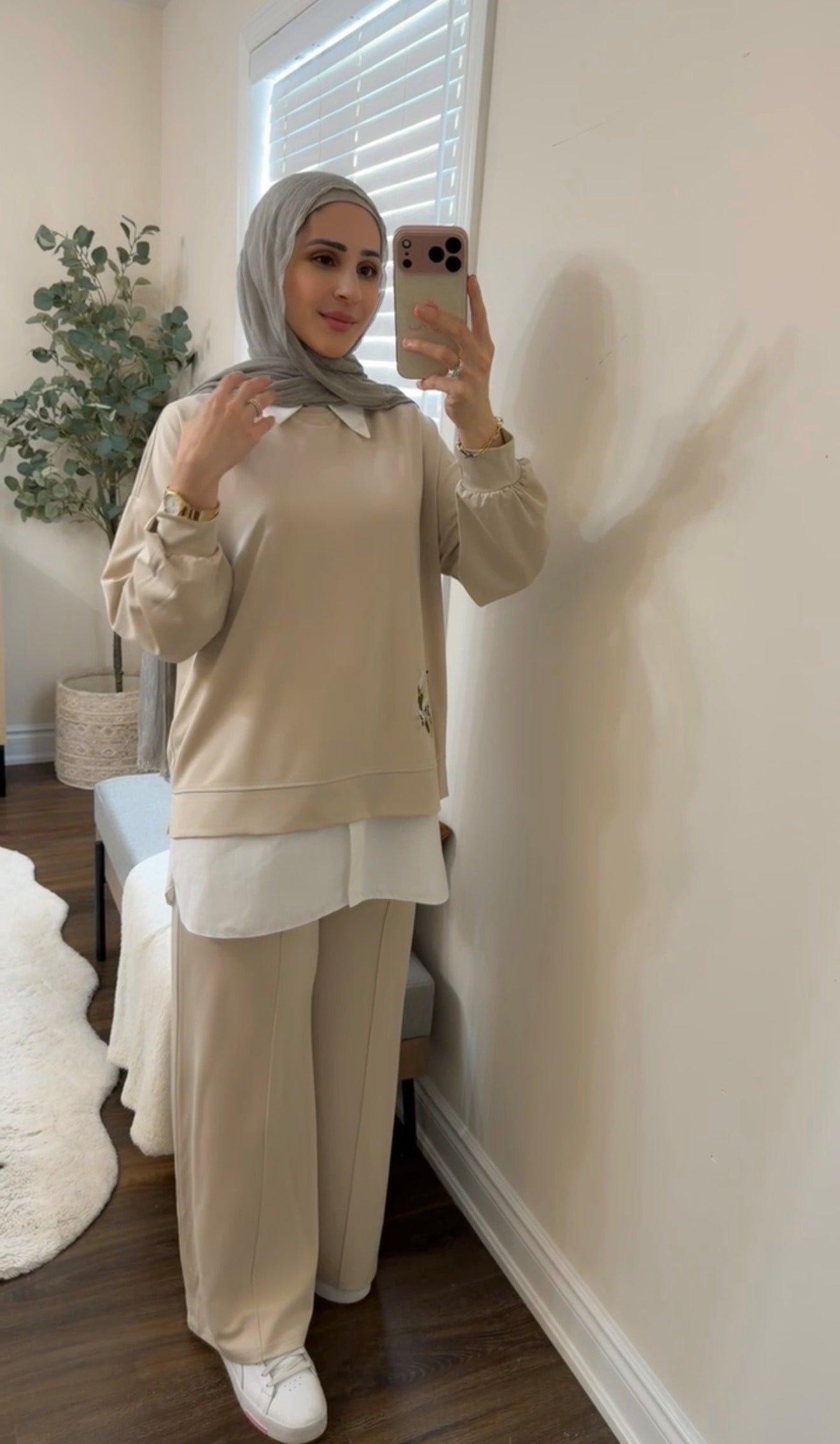 Oysho Soft 3-Piece Embroidered Modest Set - Beige