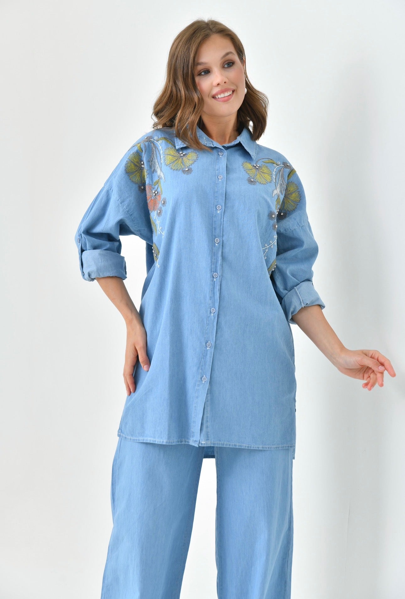 Denim Embroidered Shirt & Pant set