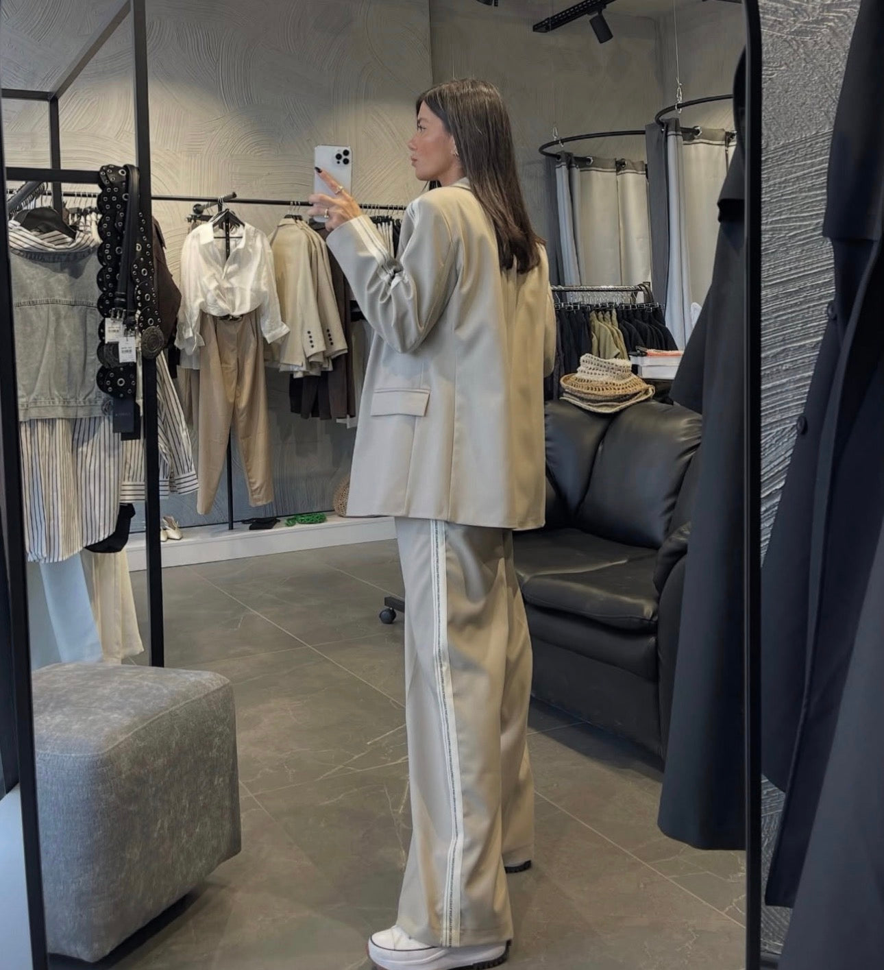 2 -PIECE BEIGE STRIP DETAILED JACKET SET