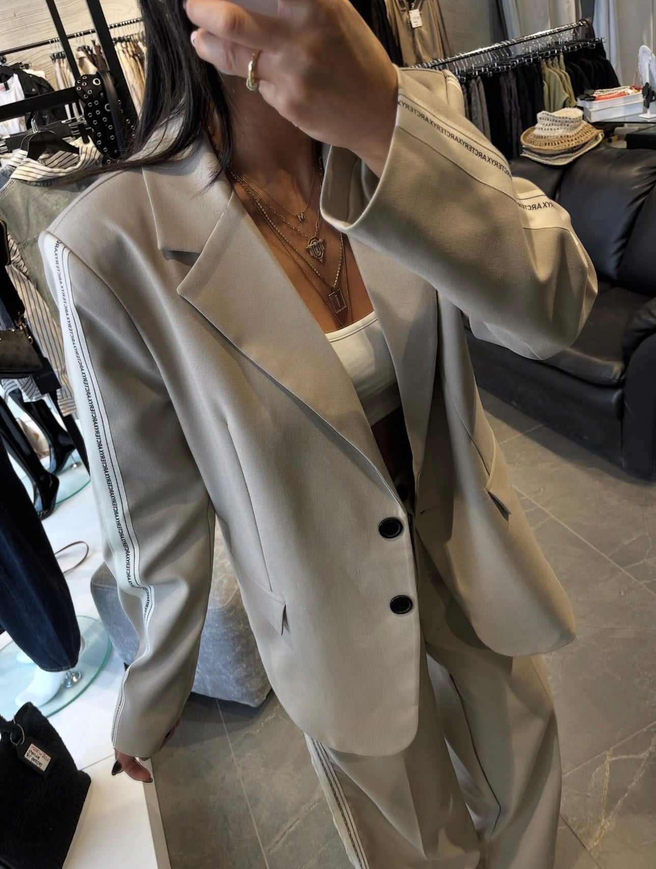 2 -PIECE BEIGE STRIP DETAILED JACKET SET image 2