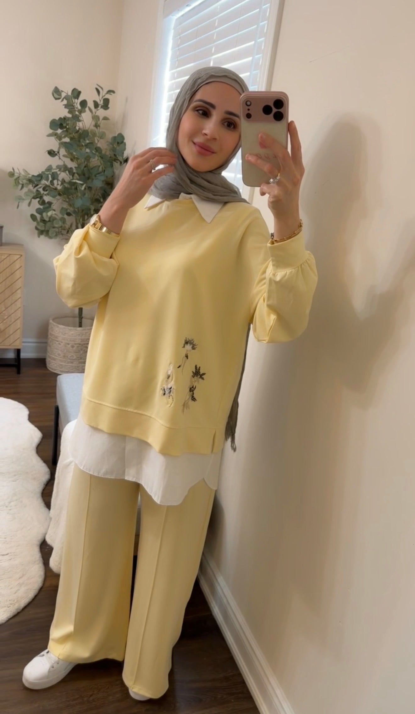 Oysho Soft 3-Piece Embroidered Modest Set - Butter Yellow