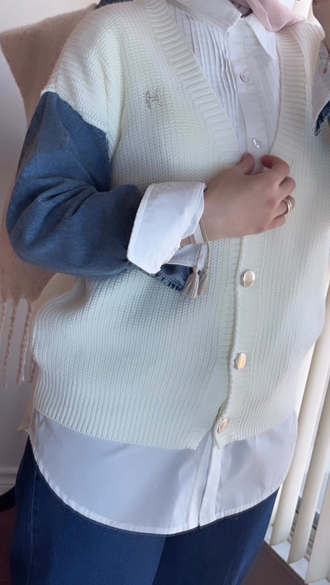 Knitted Cardigan with Denim Sleeve - White image 1