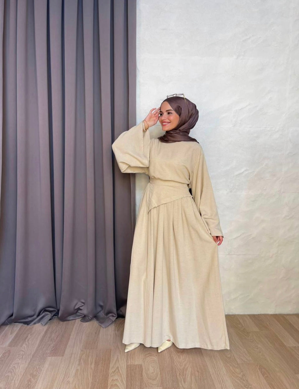 Linen Asymmetric Attached Belt Wide-Leg Pant Set