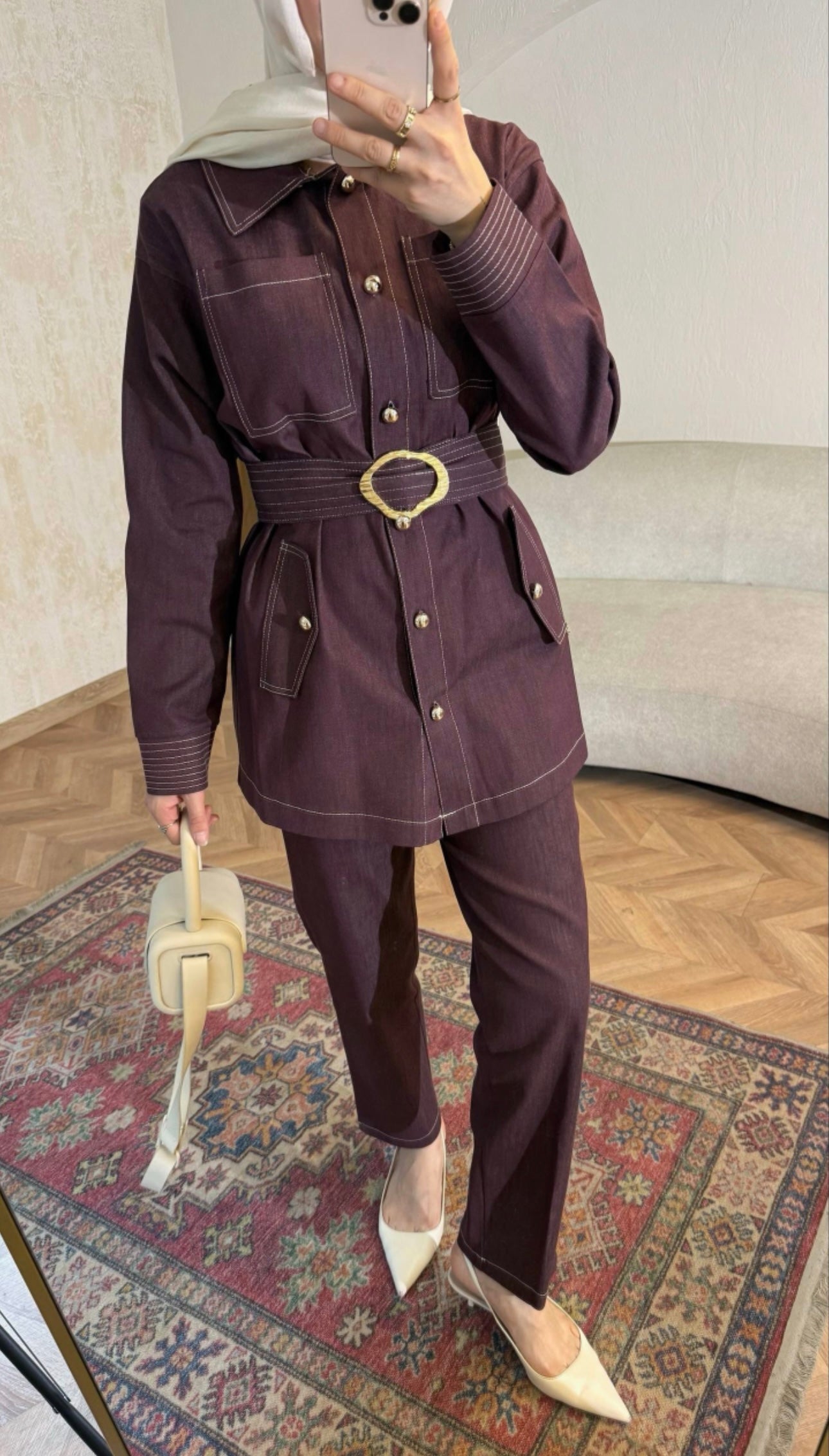 Classic Belted Denim Set – Burgundy