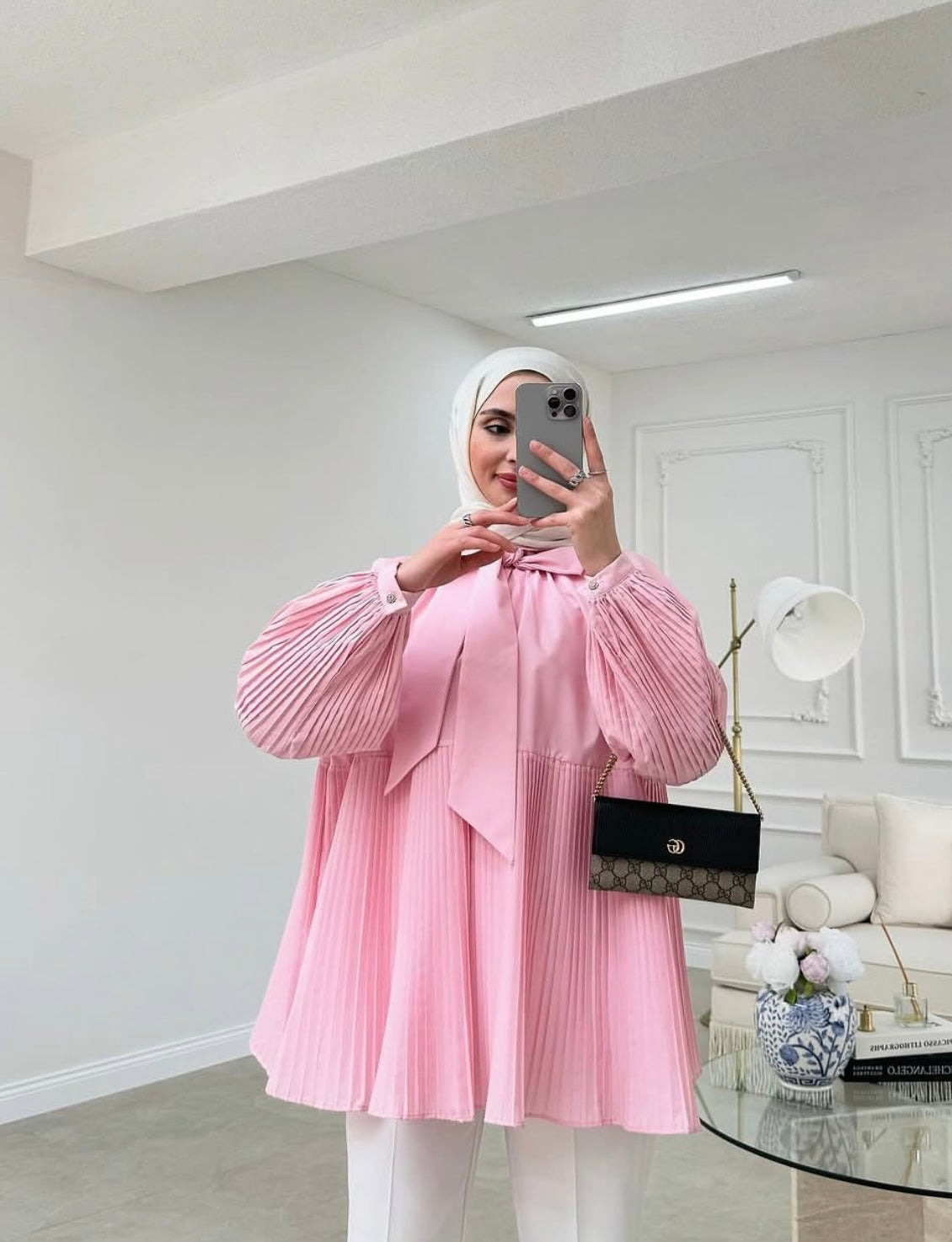 Pleated Elegance Bow Blouse – Soft Pink image 1