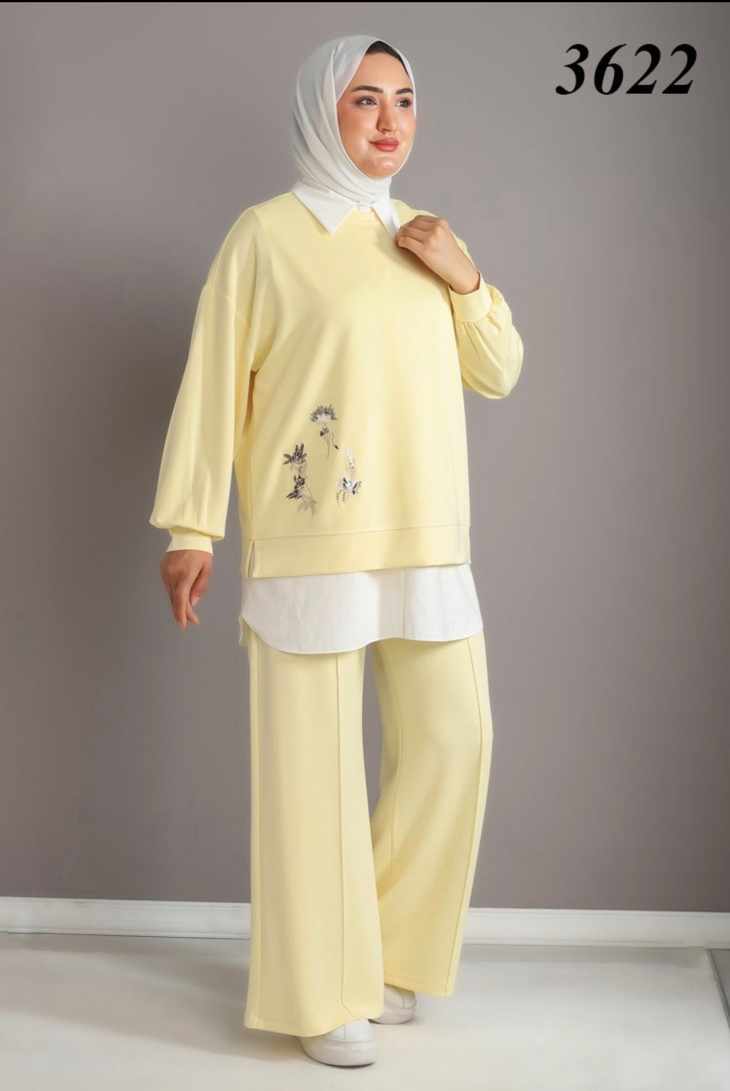 Oysho Soft 3-Piece Embroidered Modest Set - Butter Yellow