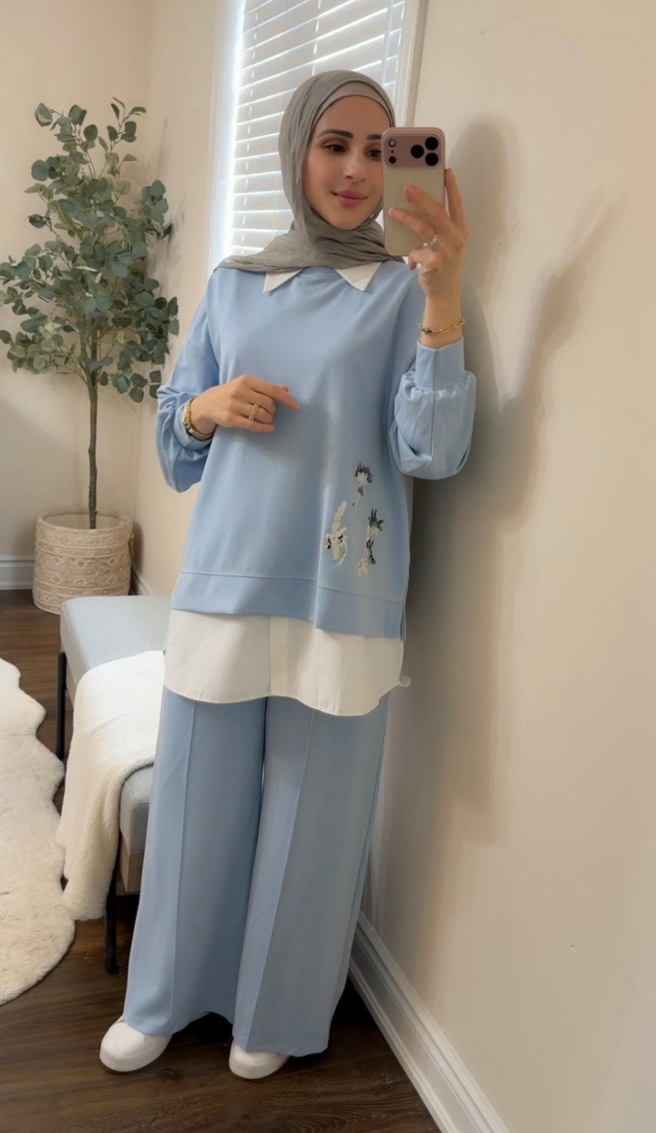 Oysho Soft 3-Piece Embroidered Modest Set - Baby Blue