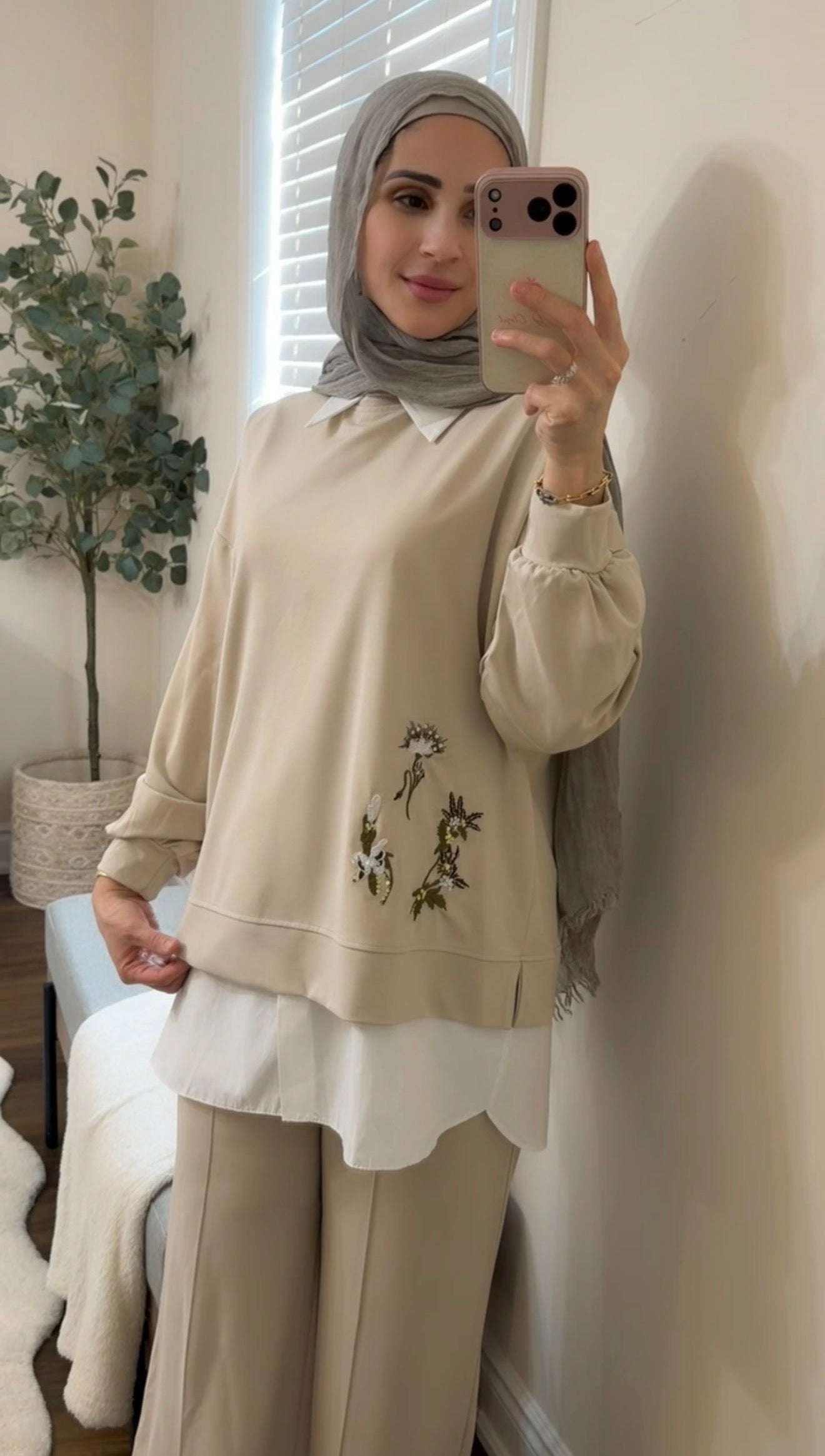 Oysho Soft 3-Piece Embroidered Modest Set - Beige