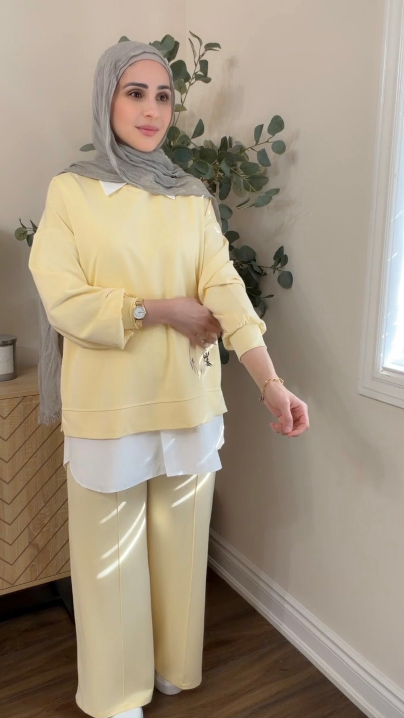 Oysho Soft 3-Piece Embroidered Modest Set - Butter Yellow
