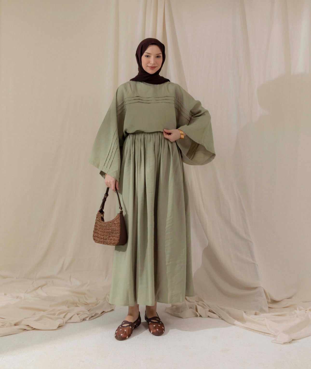 Sage Pleated Cotton Co-ord Skirt Set