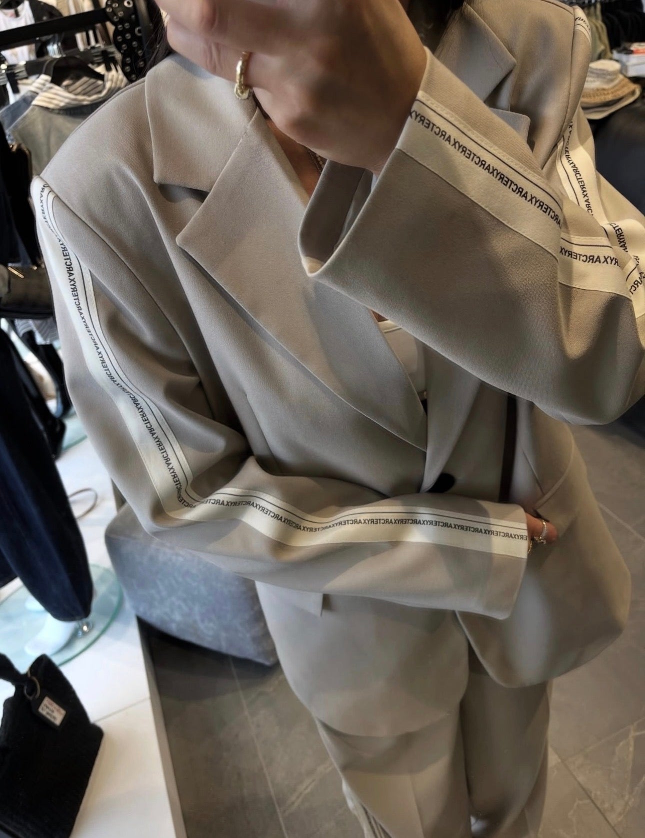 2 -PIECE BEIGE STRIP DETAILED JACKET SET