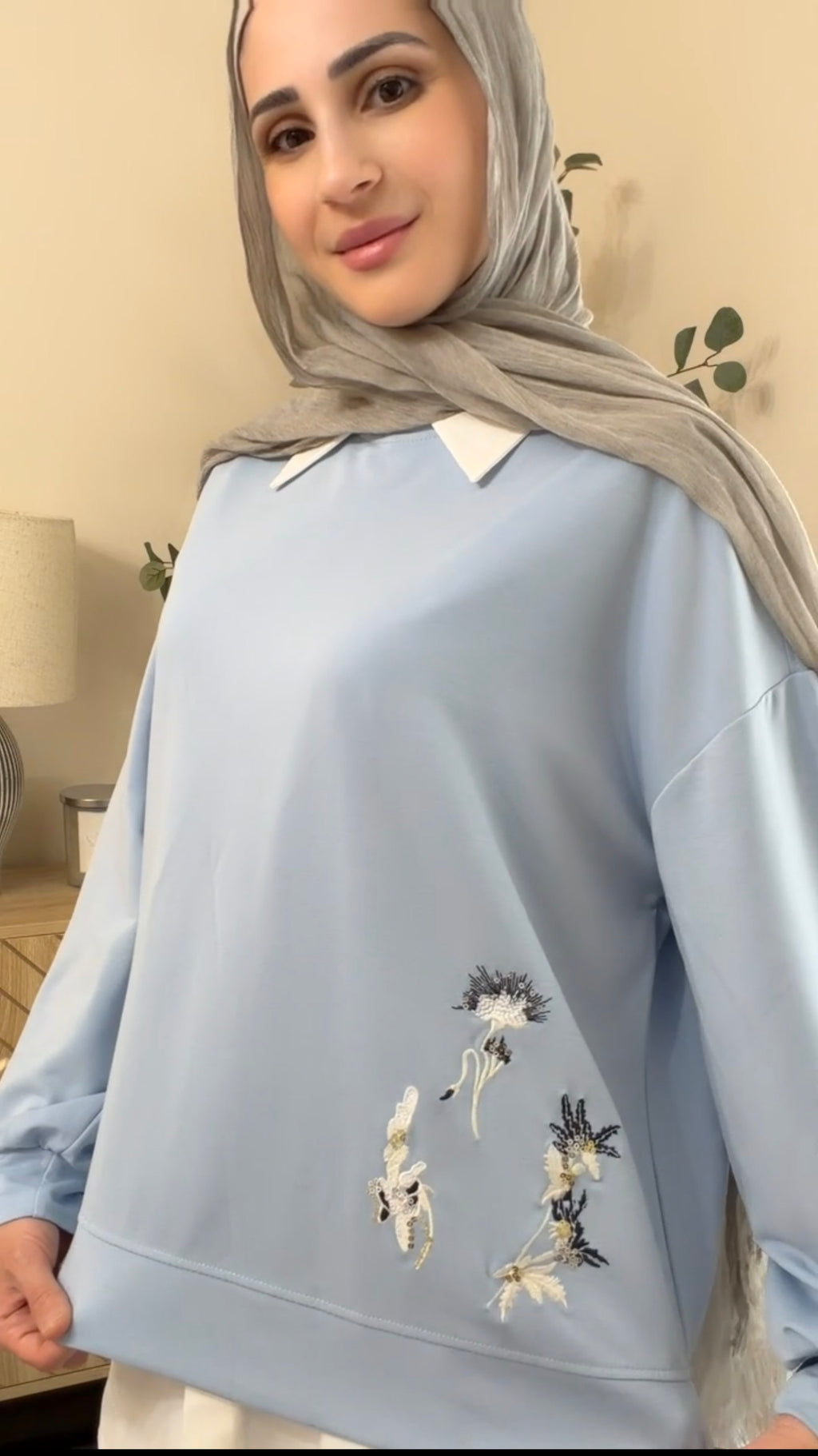 Oysho Soft 3-Piece Embroidered Modest Set - Baby Blue