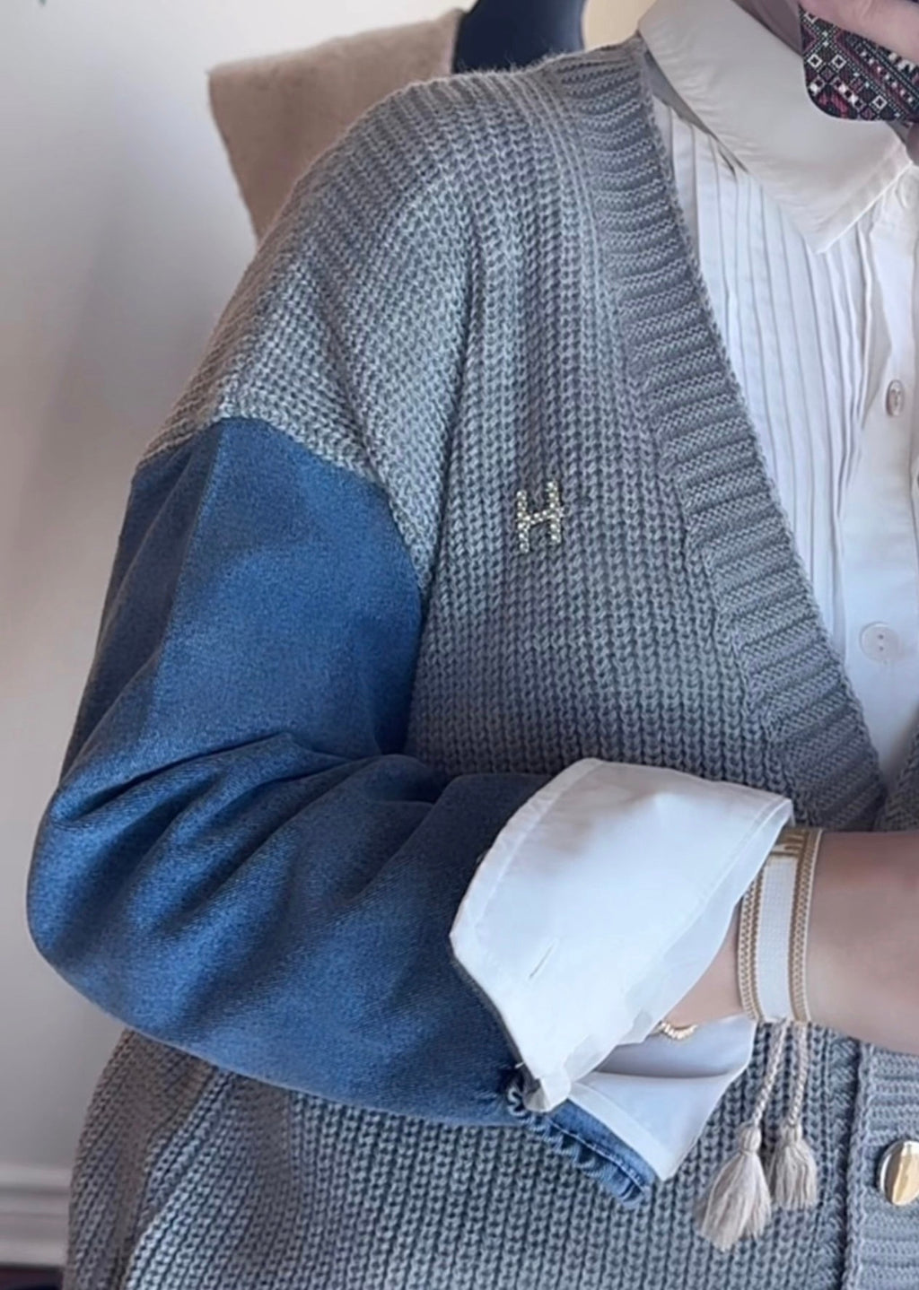 Knitted Cardigan with Denim Sleeve - Grey