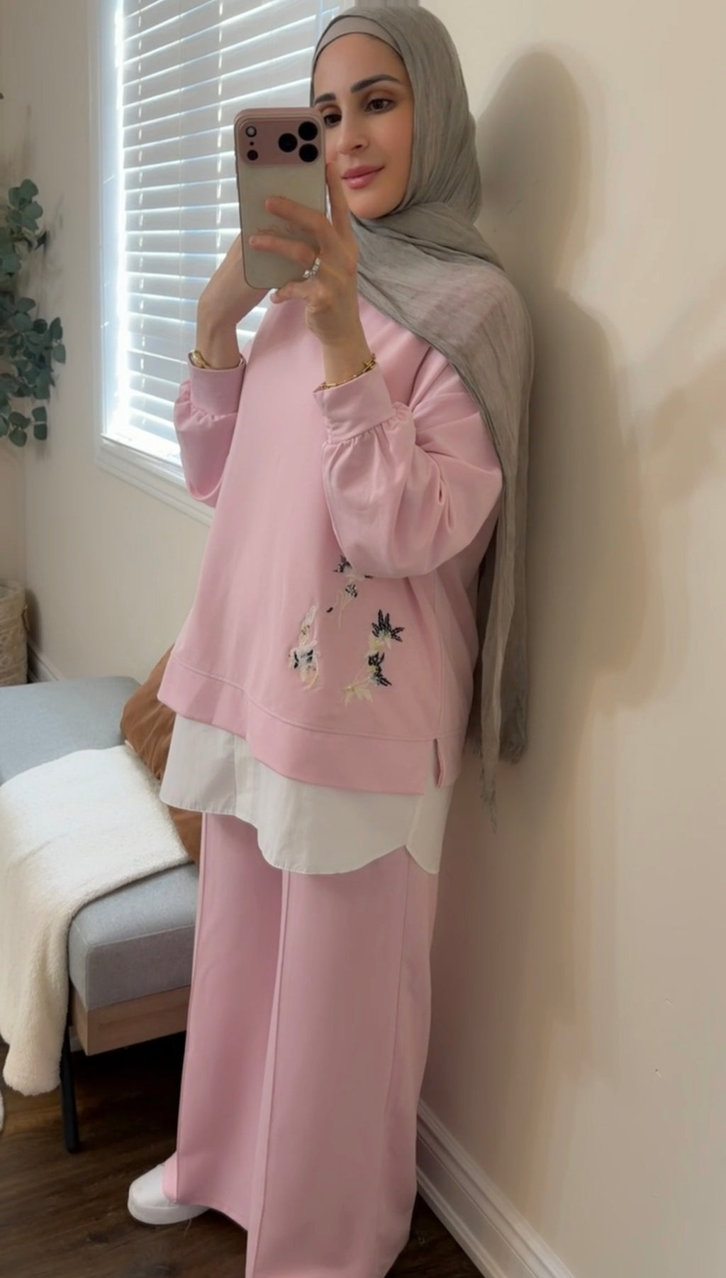 Oysho Soft 3-Piece Embroidered Modest Set - Pink