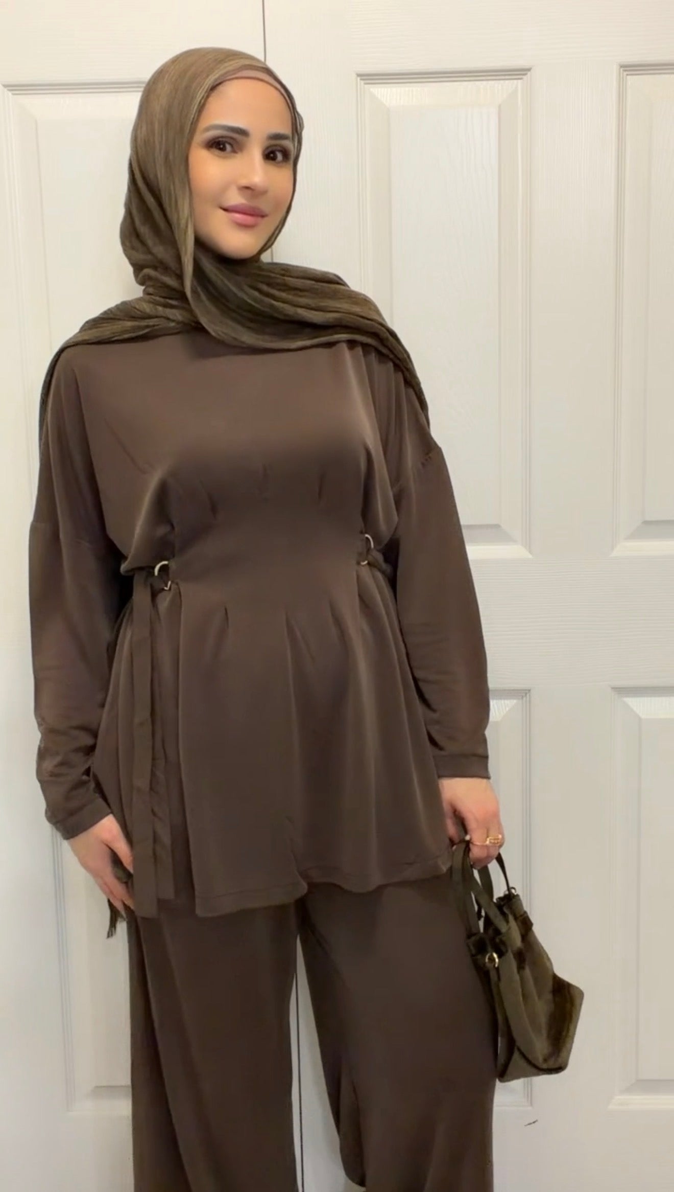 Soft Oysho Gathered Tunic & Pant Set - Brown