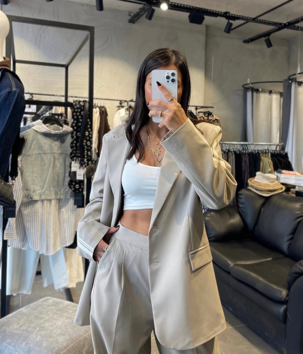 2 -PIECE BEIGE STRIP DETAILED JACKET SET