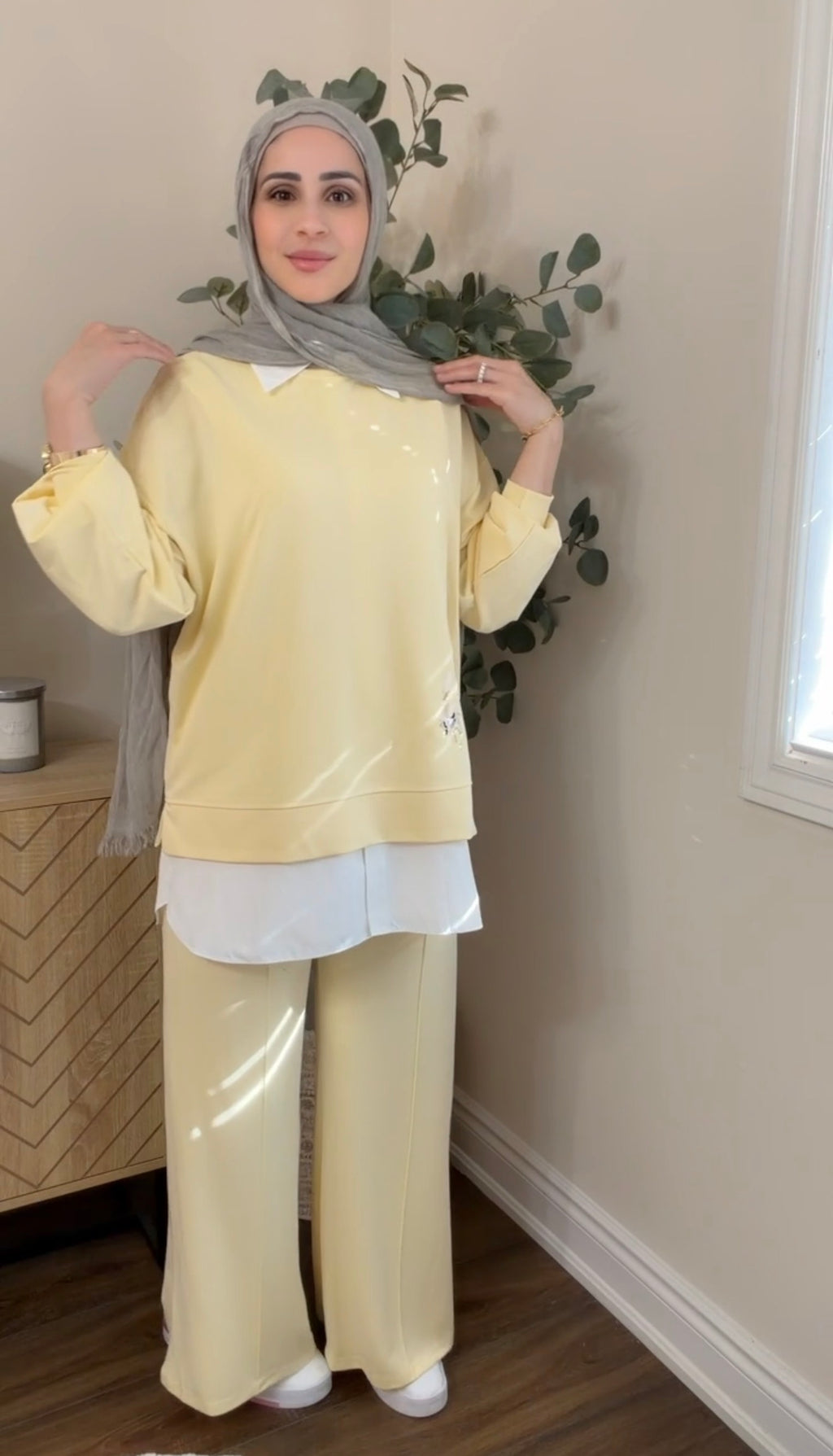 Oysho Soft 3-Piece Embroidered Modest Set - Butter Yellow