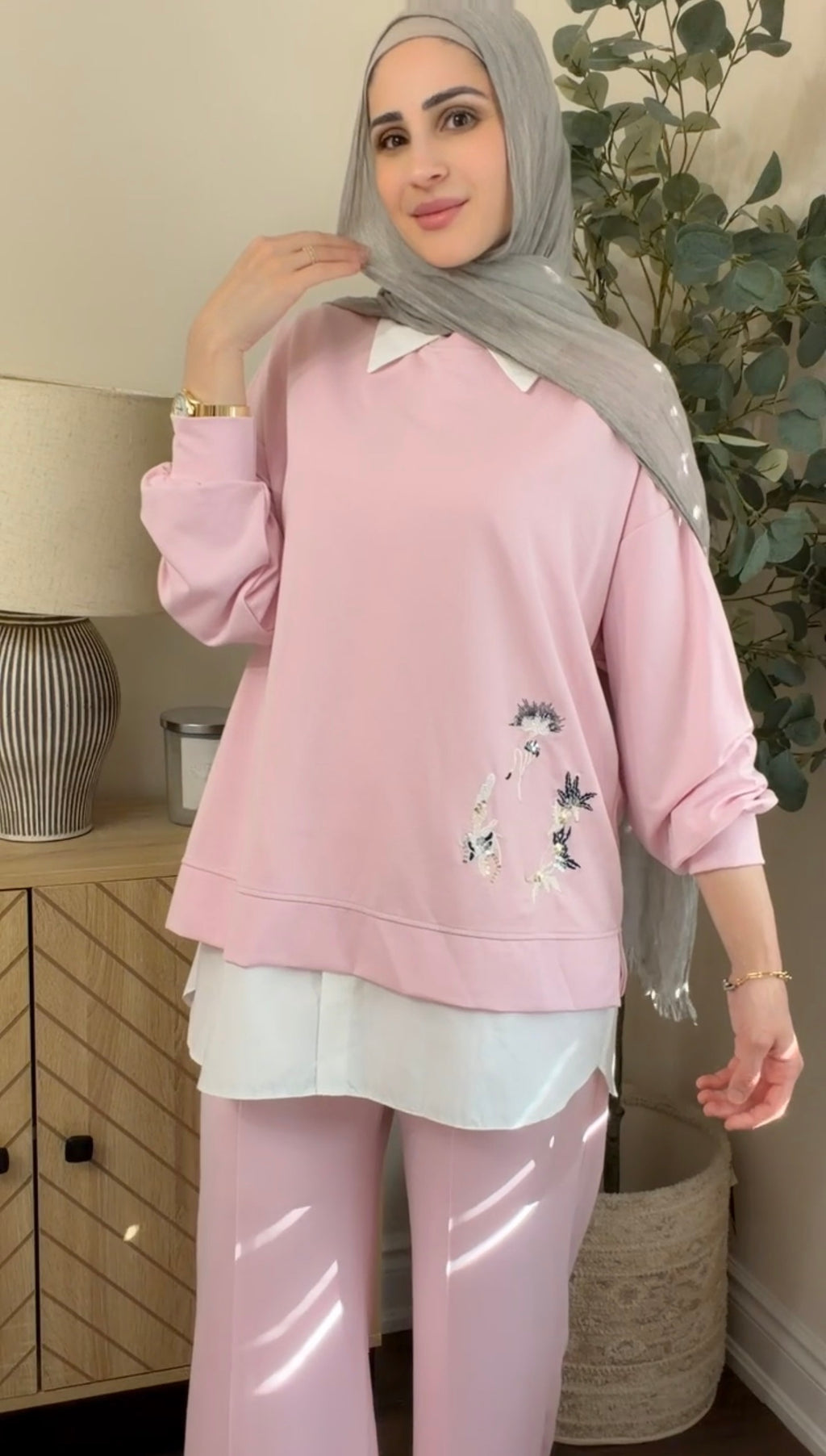 Oysho Soft 3-Piece Embroidered Modest Set - Pink