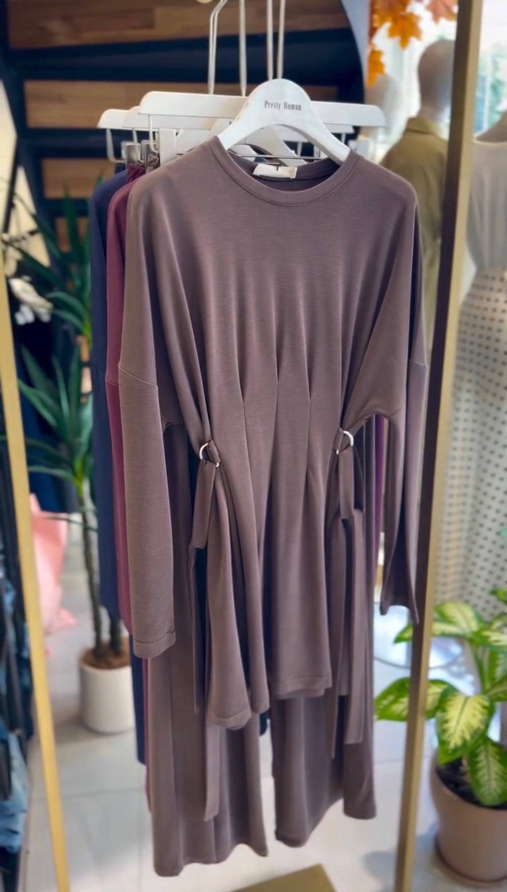 Soft Oysho Gathered Tunic & Pant Set - Brown