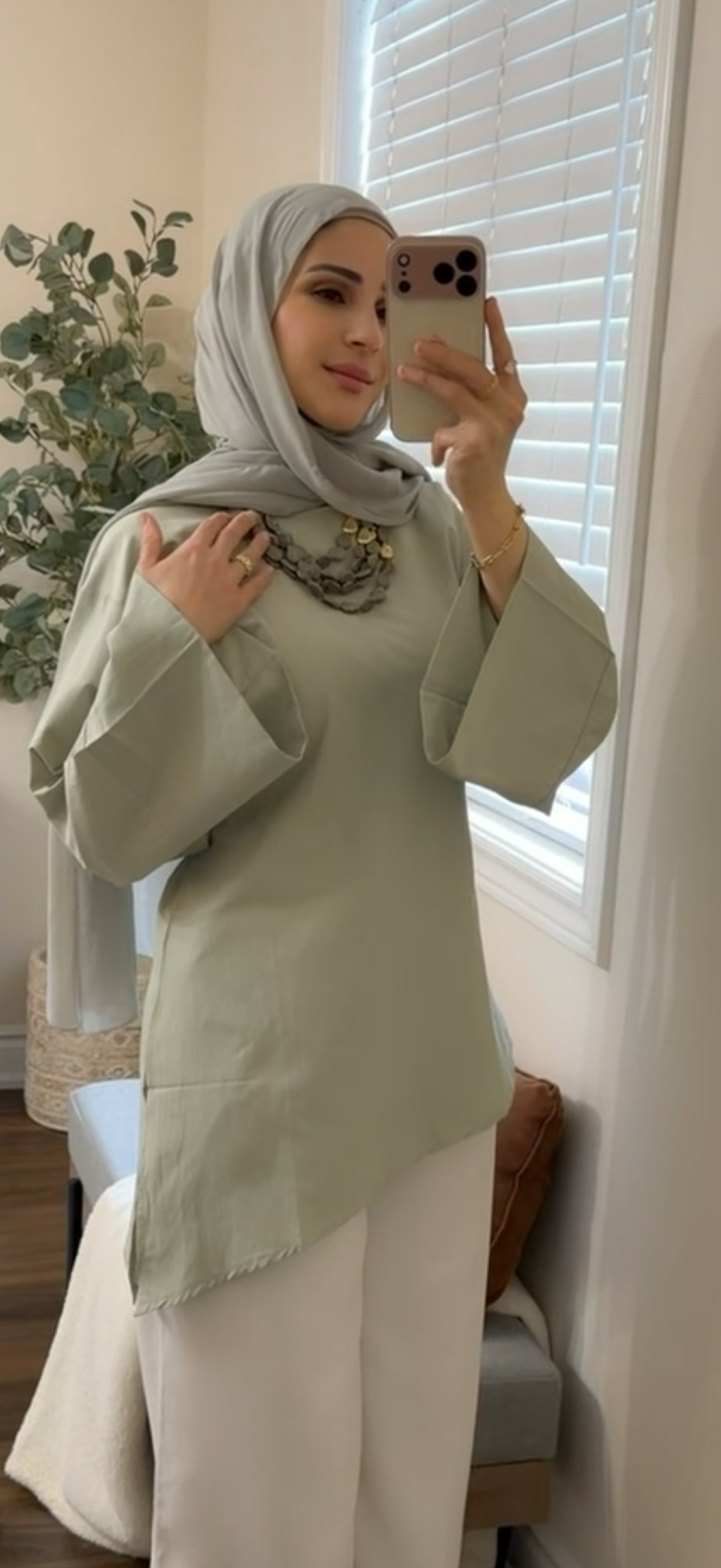 Dusty Green Asymmetric Flare-Sleeve Tunic